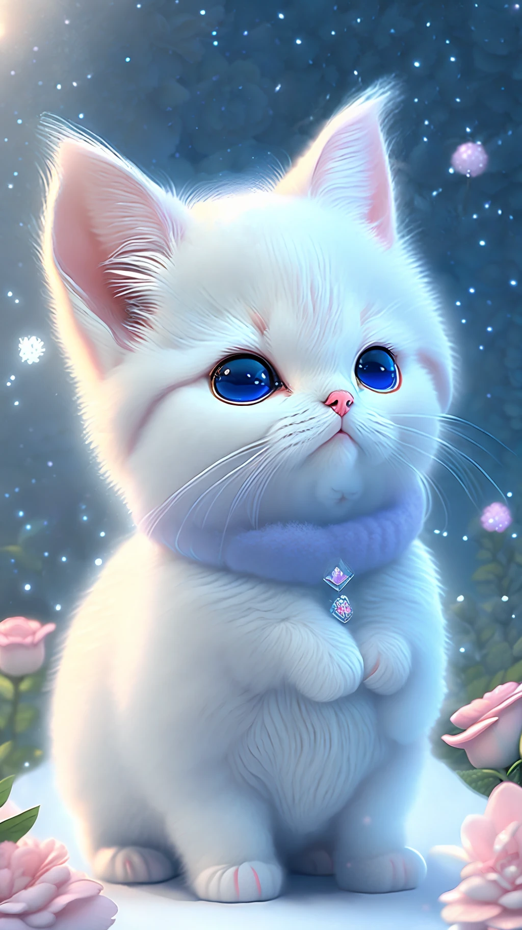In this ultra-detailed CG art, cute kittens surrounded by ethereal roses, laughter, best quality, high resolution, intricate details, fantasy, cute animals, purple, funny, open mouth, laugh!!