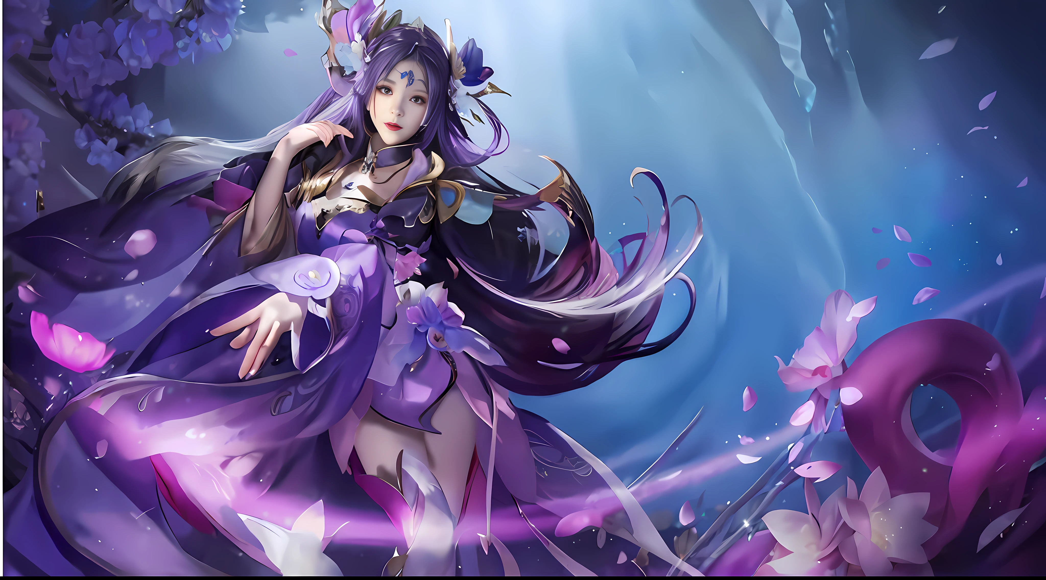 A woman in a purple dress and a purple flower, style art germ, art germ style, extremely detailed art germ, art germ detail, onmyoji detailed art, Seraphim Ahri Keda, trend art germ, inspired by Li Meishu, inspired by Lan Ying, art germ style