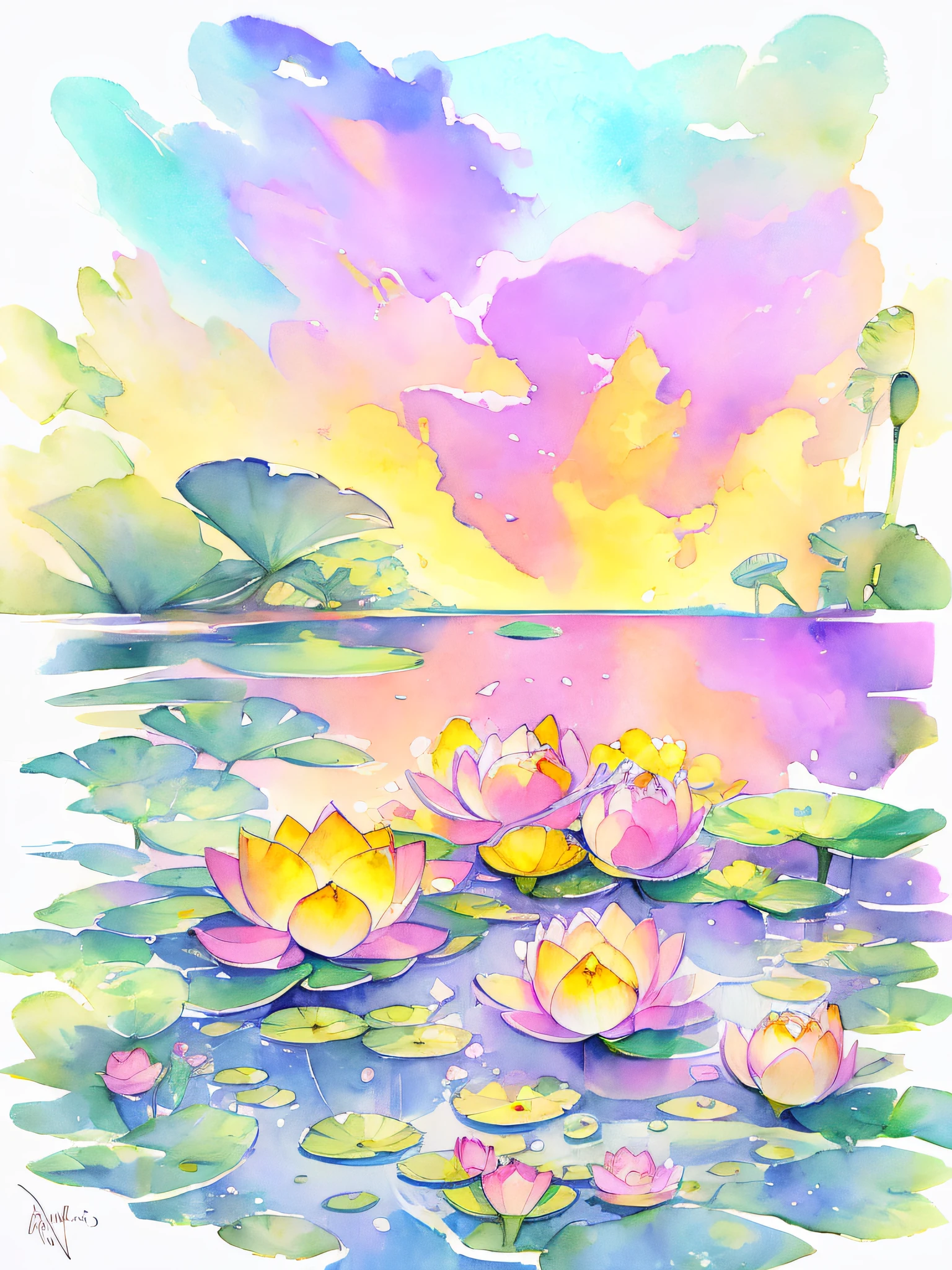 top view lotus flowers on the water surface, highly detailed render, concept art, depth of field, bokeh, octane render, sunny mystical atmosphere Elemental flowers, 32k, watercolor