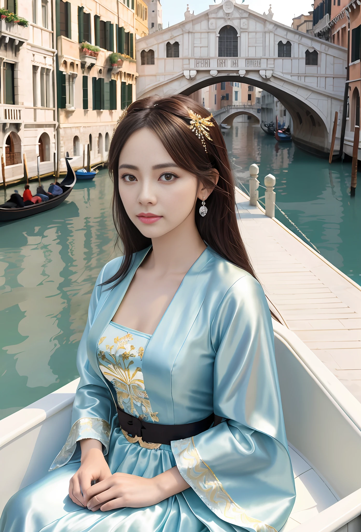 modelshoot style, (extremely detailed CG unity 8k wallpaper), full shot body photo of the most beautiful artwork in the world, stunningly beautiful photo realistic cute women, a hyper realistic ultra detailed photograph of a beautiful girl as a female 2020s dancer on the boat of 2020s Venice,(Bridge Of Sighs background),(princess eyes,shiny pupils), detailed symmetric beautiful hazel eyes, detailed gorgeous face,highly detailed, vibrant,professional majestic oil painting by Ed Blinkey, Atey Ghailan, Studio Ghibli, by Jeremy Mann, Greg Manchess, Antonio Moro, trending on ArtStation, trending on CGSociety, Intricate, High Detail, Sharp focus, dramatic, photorealistic painting art by midjourney and greg rutkowski