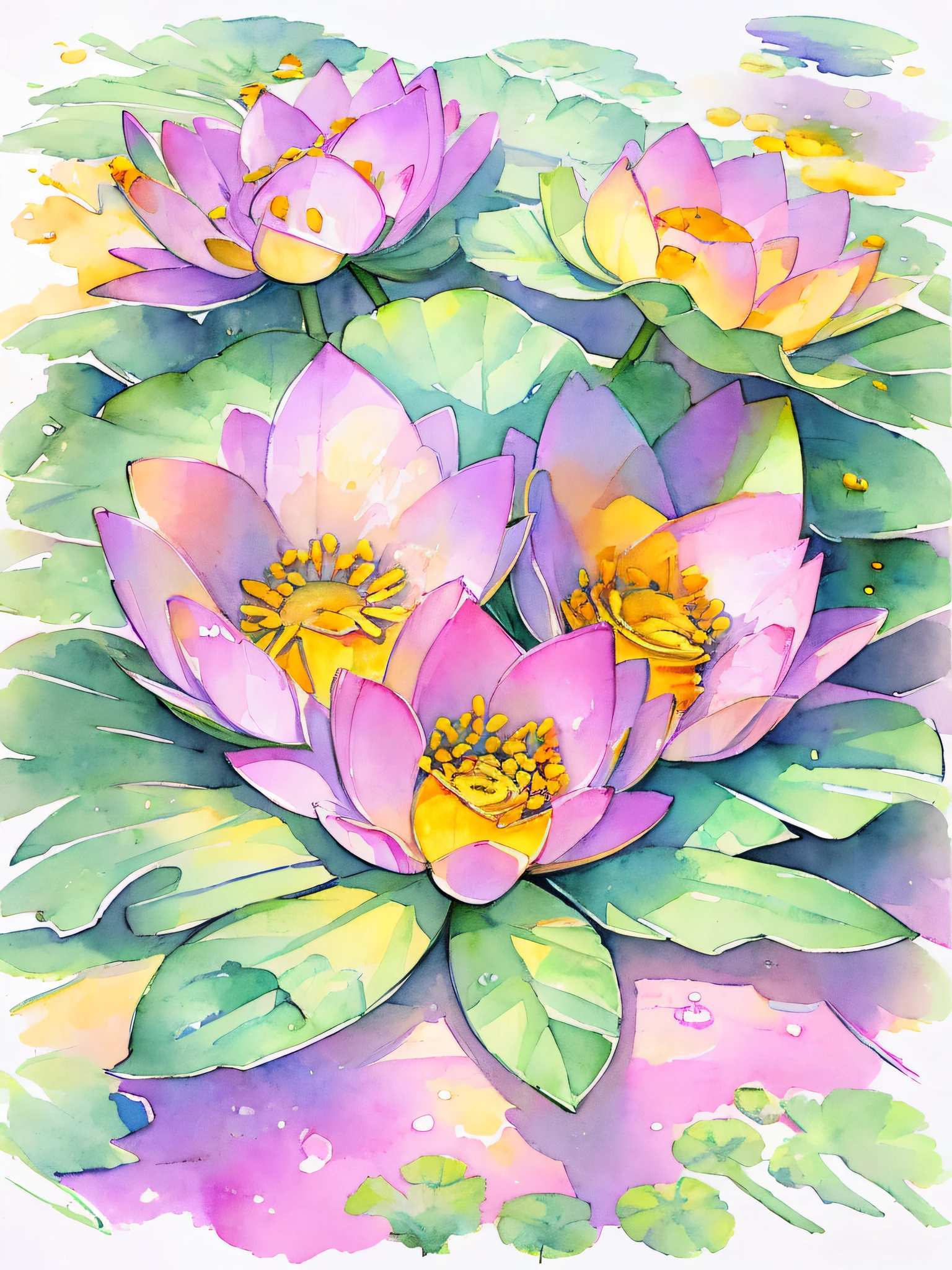 top view lotus flowers on the water surface, highly detailed render, concept art, depth of field, bokeh, octane render, sunny mystical atmosphere Elemental flowers, 32k, watercolor