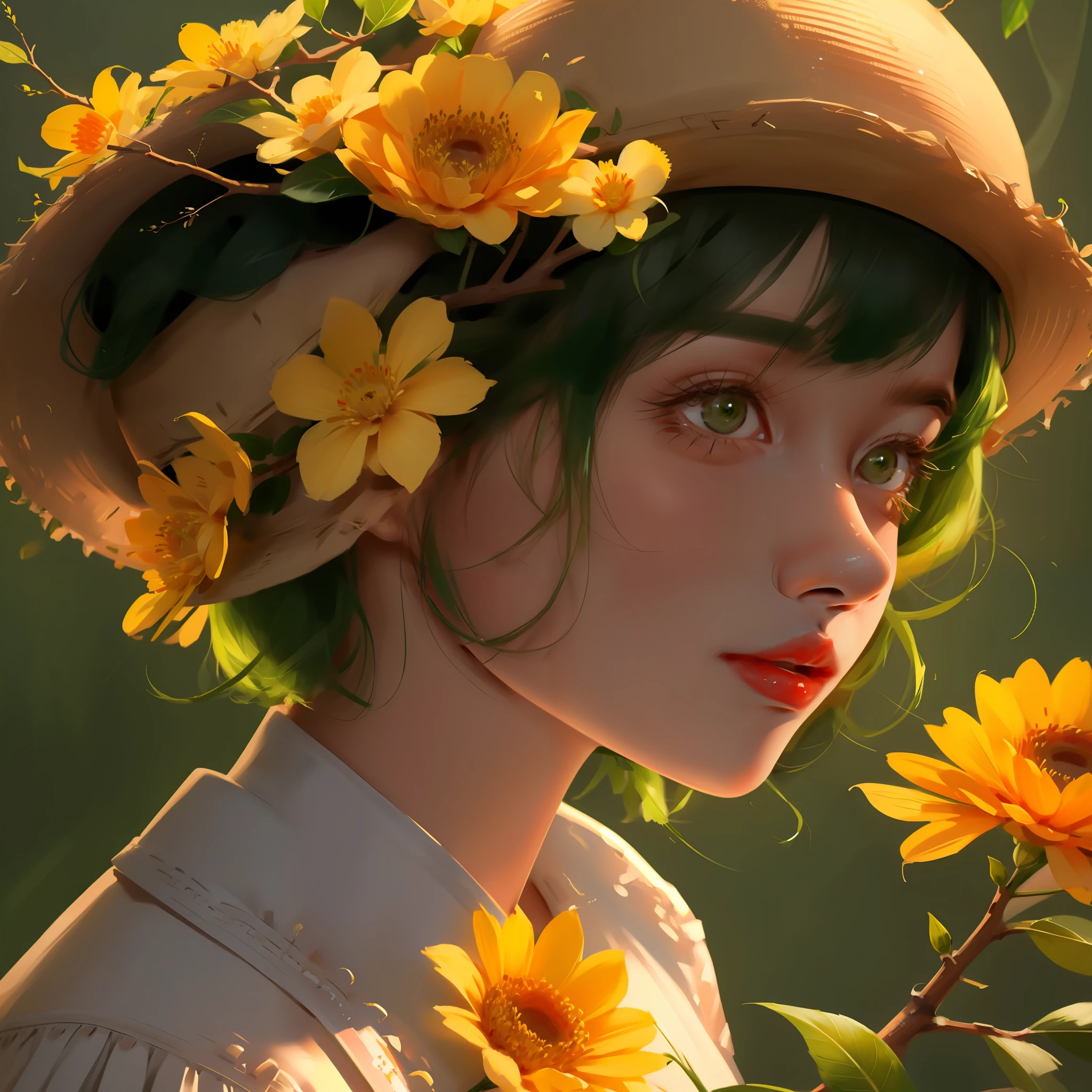 multiple girls, 2girls, flower, bangs, hat, branch, shirt, white shirt, upper body, leaf, yellow background, long sleeves, yellow flower, short hair, green hair,