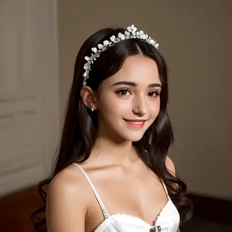 arafed woman in a white dress with a tiara and a flower crown, wearing tiara, wearing a tiara, flower tiara, diadems, wearing crystal fractal tiara, tiara, intricate flower tiara, amazing flower tiara, wearing a light grey crown, lotus floral crown girl, s...