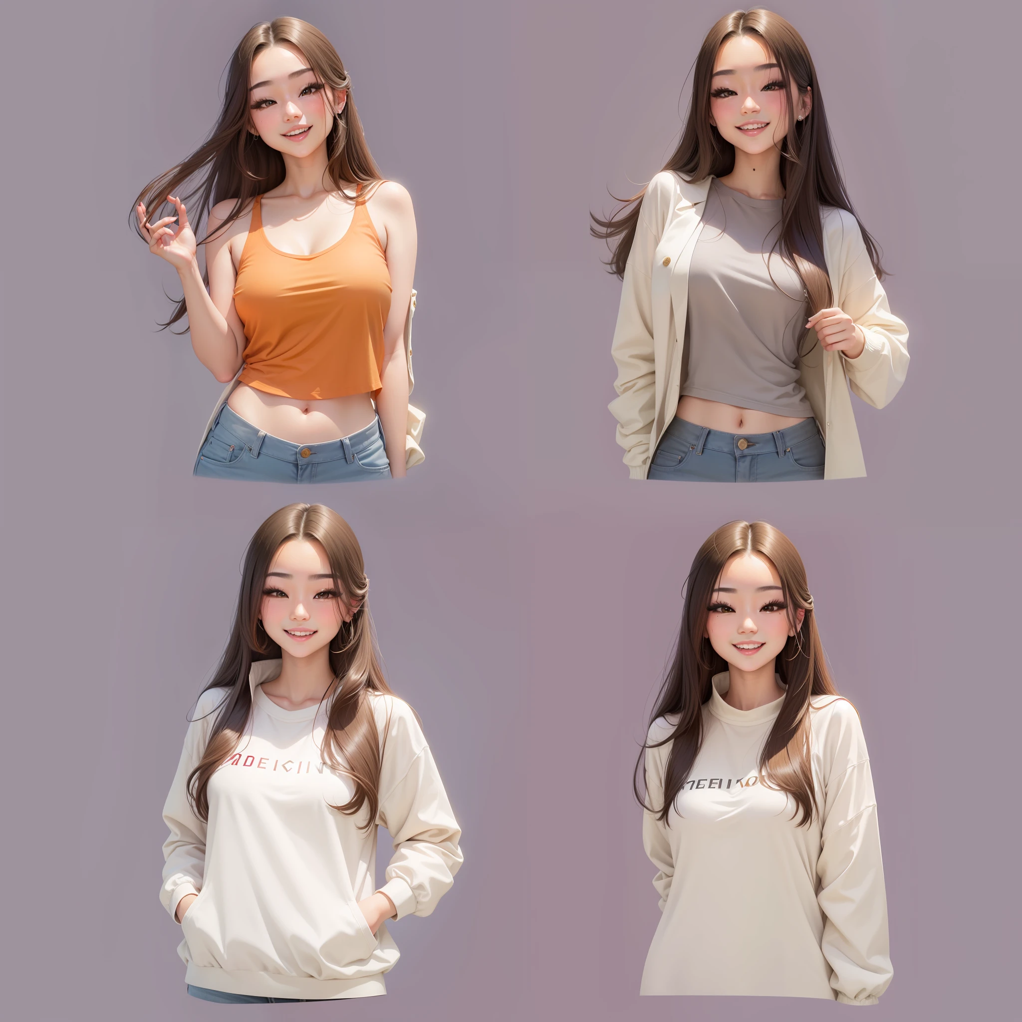 A group of four photos of a woman with different clothes - SeaArt AI