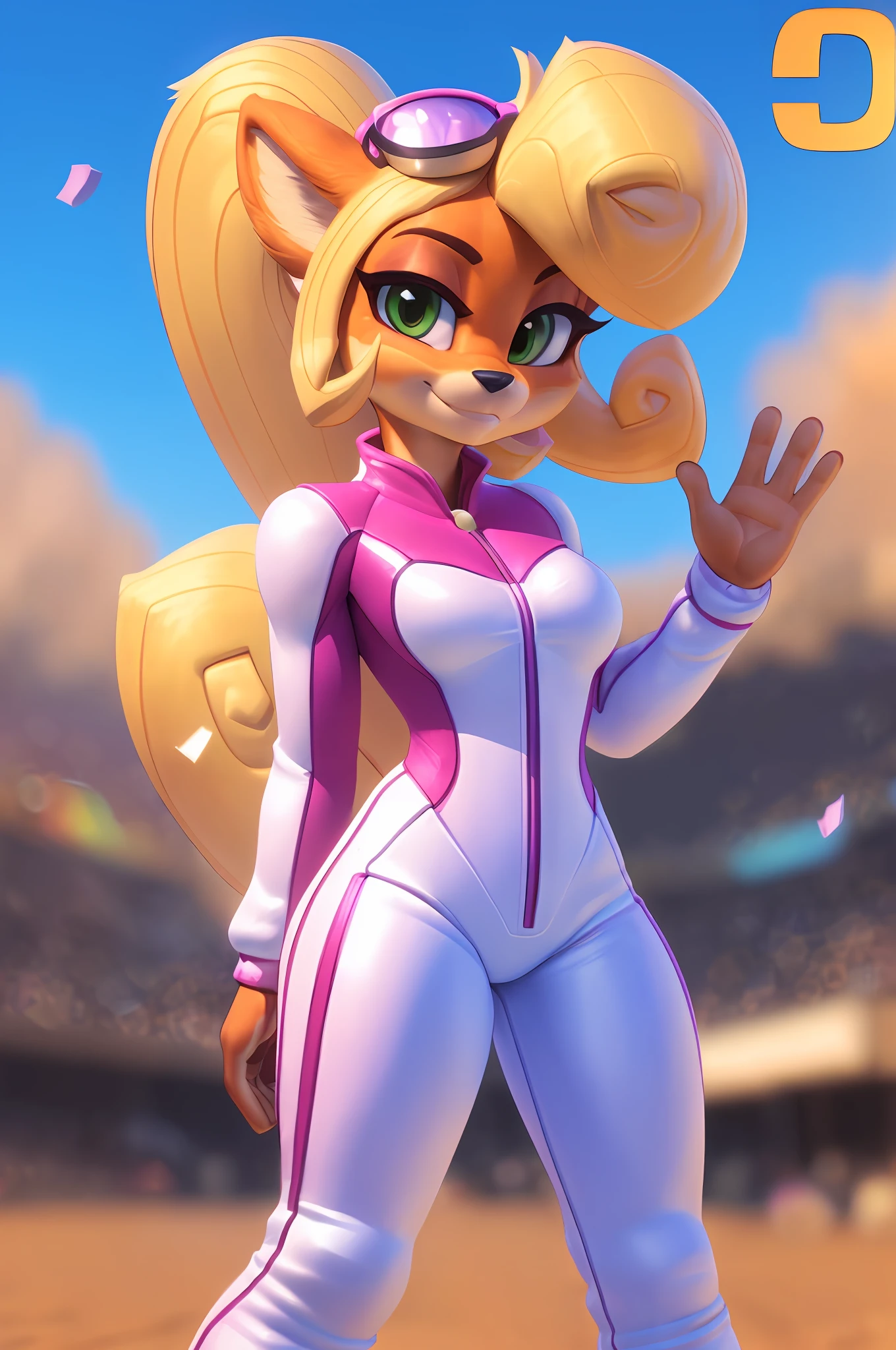 [Coco bandicoot], [Uploaded to e621.net; (Pixelsketcher), (wamudraws)], ((masterpiece)), ((solo portrait)), ((cowboy shot)), ((furry; anthro)), ((detailed fur)), ((raytracing)), ((detailed shading)), ((beautiful 3D art)), {anthro; (orange fur, black nose), cute green eyes, smug smirk, blonde hair, curly ponytail, curly bang, (pink and white race suit; blue lining, curvaceous hips), small , pink high tops), (shades on head)}, (standing; waving at camera), [background; raceway (pitstop, sun rays, confetti)]