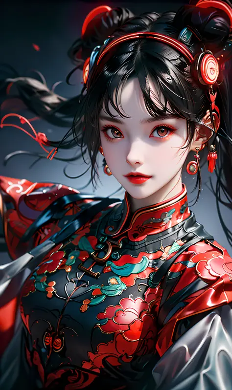 1 girl, Chinese_clothes, liquid black titanium and red, cyberhan, cheongsam, cyberpunk city, dynamic pose, detailed luminous hea...