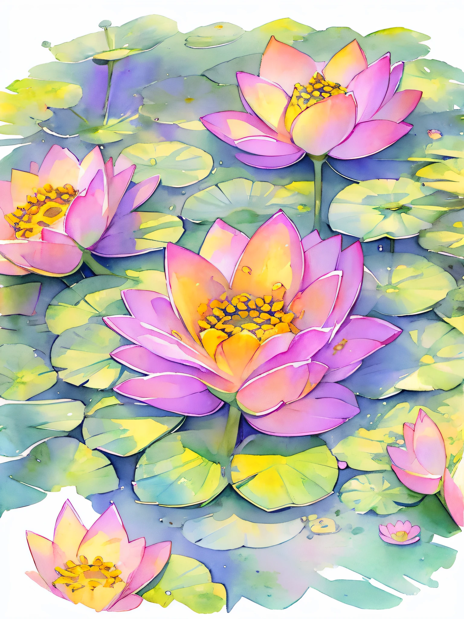 Vista superior Flores de loto en la superficie del agua, renderizado muy detallado, Arte conceptual, profundidad de campo, bokeh, renderizado de octanaje, atmósfera mística soleada Flores elementales, 32k, acuarela
