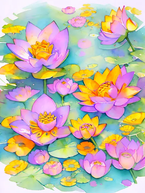 top view lotus flowers on the water surface, highly detailed render, concept art, depth of field, bokeh, octane render, sunny my...