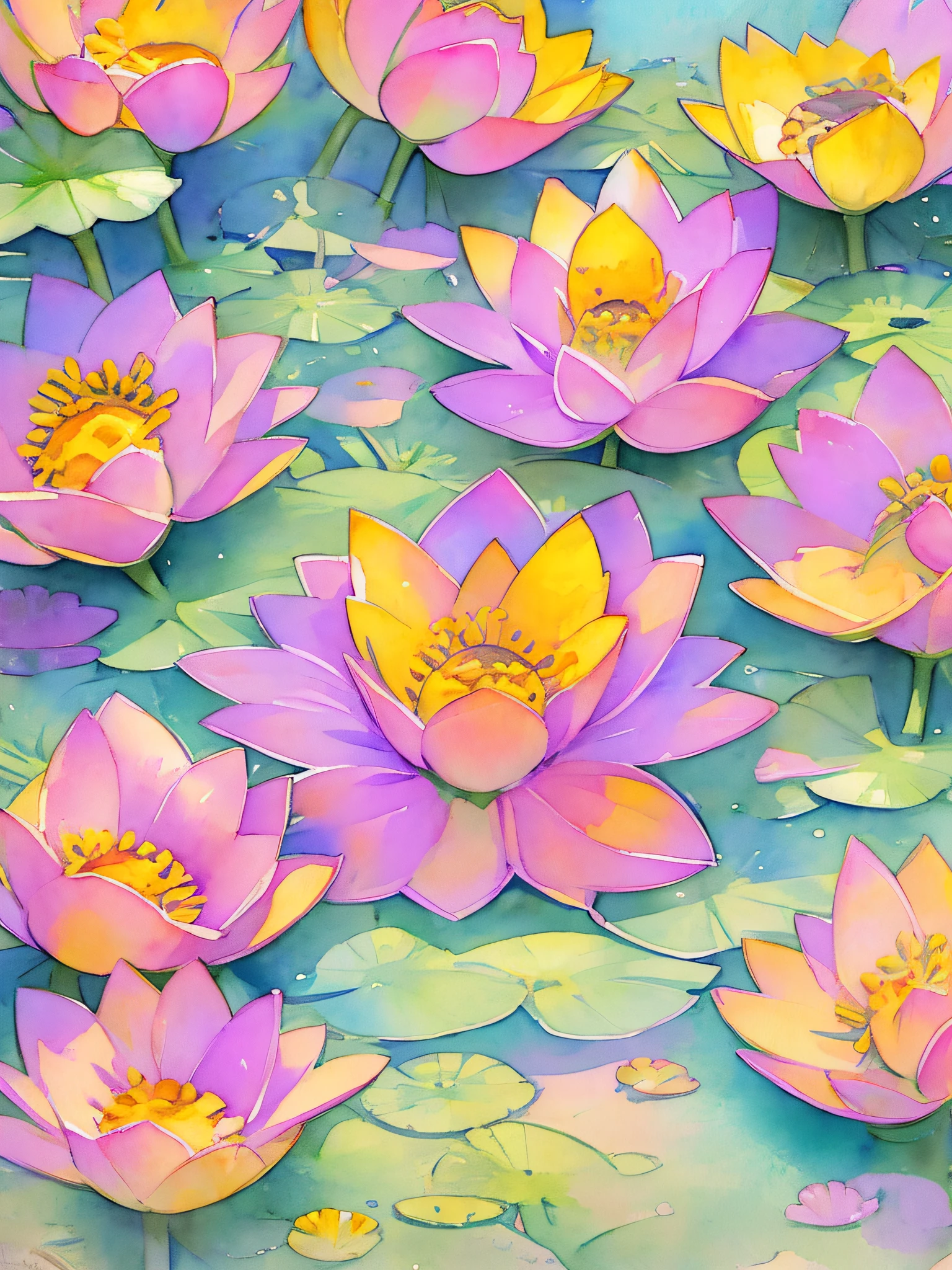 top view lotus flowers on the water surface, highly detailed render, concept art, depth of field, bokeh, octane render, sunny mystical atmosphere Elemental flowers, 32k, watercolor