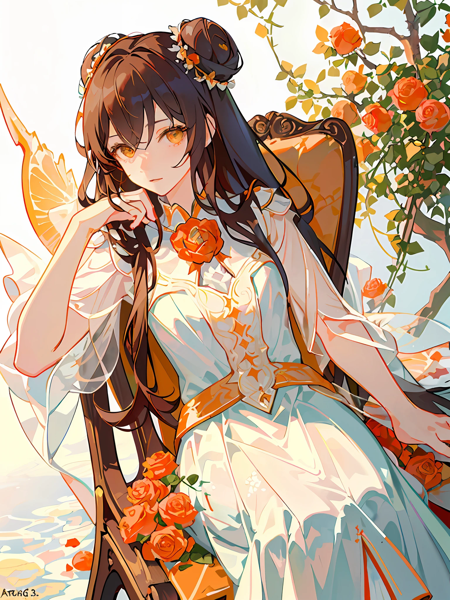 (HD4k,masterpiece:1.3,best quality),arafed woman in a white detailed dress lay up on a chair with flowers ((orange rose)) in the shade, dreamy and ethereal, ethereal and dreamy, lovely languid princess, dreamy atmosphere and drama, ,, floral dream,brown hair,bun hair,yellow background,basic background,