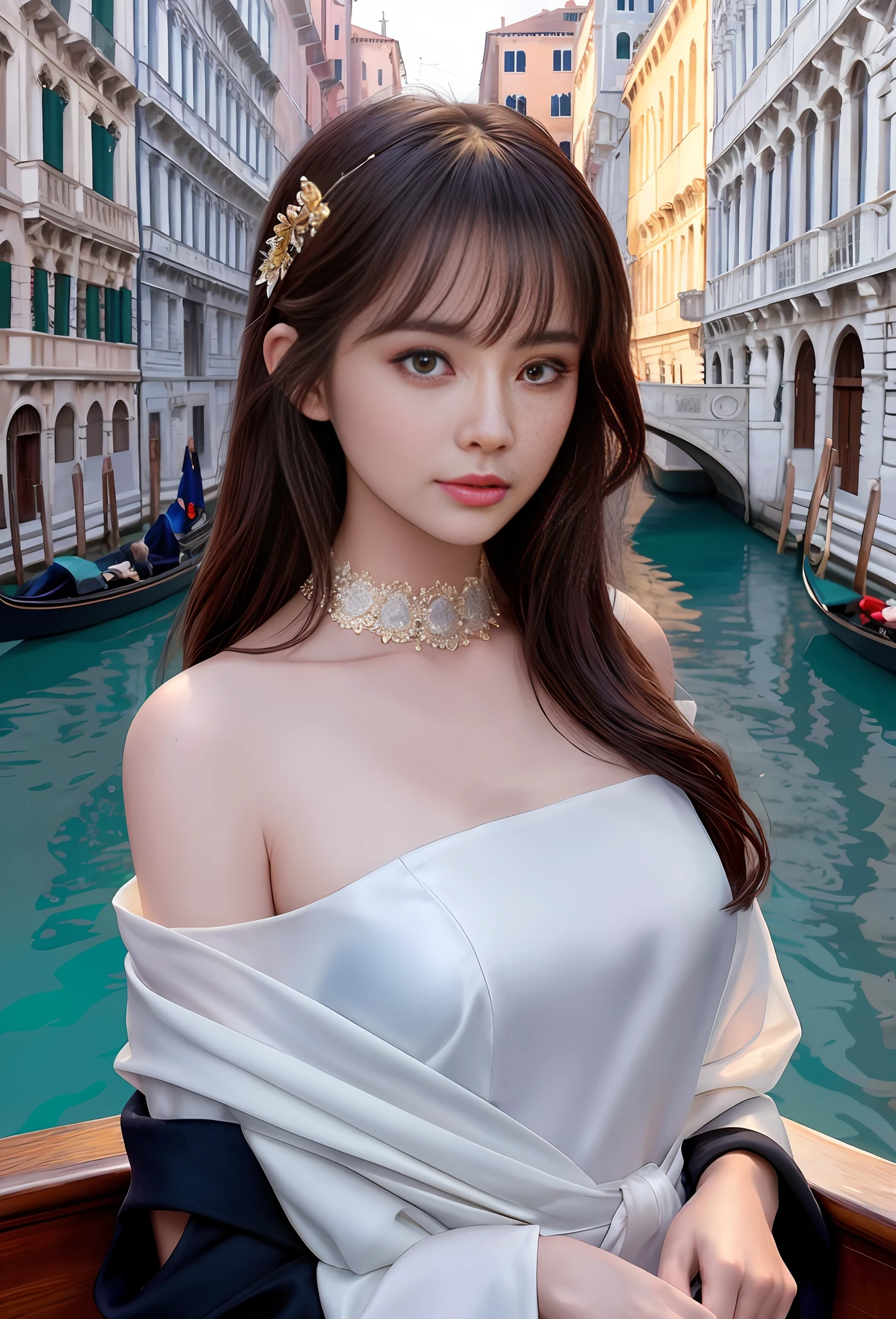 模特兒拍攝風格, (極為細緻的CG統一8k壁紙), 世界上最美丽的艺术品的全身照, 令人驚嘆的美麗照片現實可愛的女人, 一張超現實、超詳細的照片，照片中一個美麗的女孩作為 2020 年代威尼斯船上的女舞者,(嘆息橋背景),(公主眼,閃亮的瞳孔), 細緻對稱美麗的淡褐色眼睛, 细致华丽的脸庞,非常詳細, 充滿活力的,Ed Blinkey 的专业雄伟油画, 阿蒂·盖兰, 吉卜力工作室, 通過傑里米·曼, 格雷格·曼切斯, 安东尼奥·莫罗, ArtStation 上的熱門話題, cgsocial 的趨勢, 錯綜複雜, 高細節, 銳利的焦點, 戲劇性, midjourney 和 greg rutkowski 创作的逼真绘画艺术