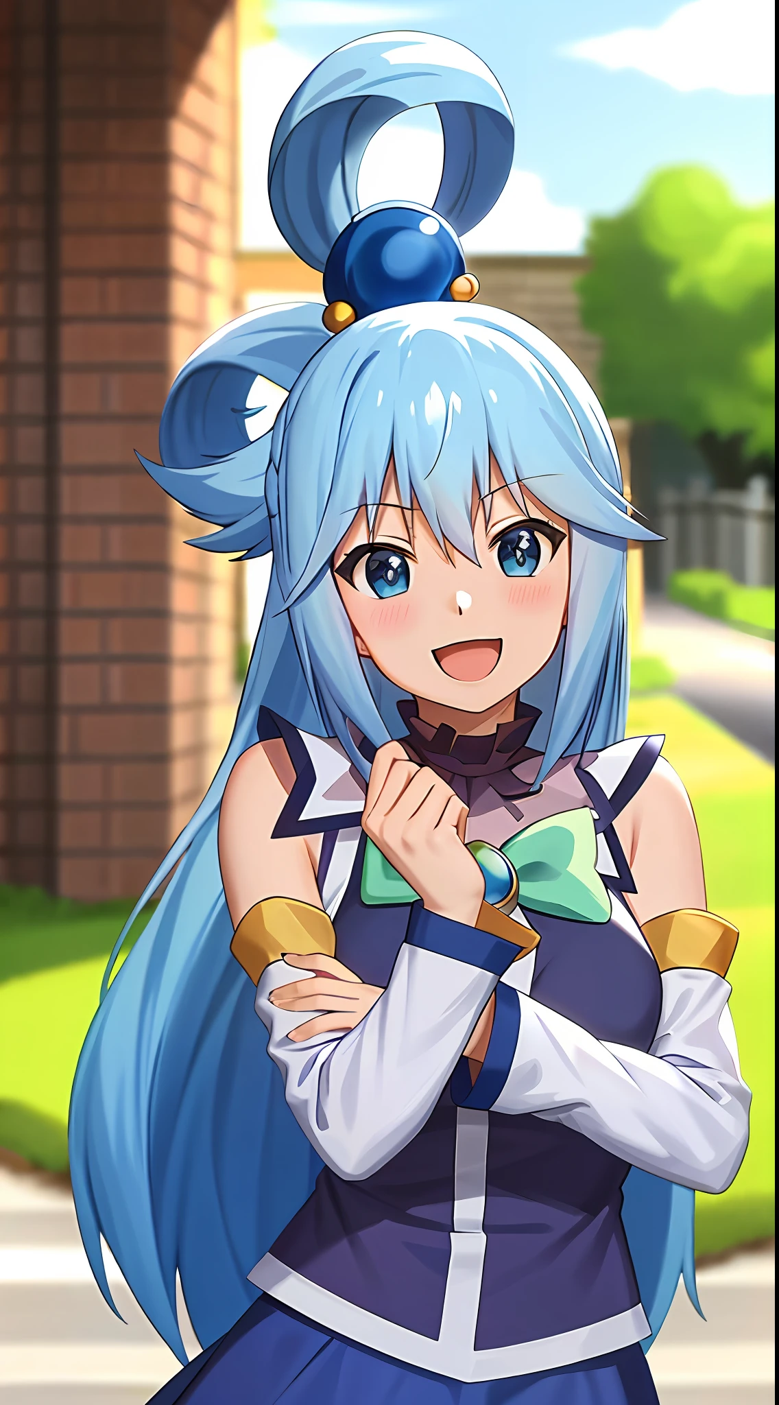 ,anime screenshot,anime coloring,
1girl, long hair, solo, open mouth, smile, upper body, head tilt, blue hair, blue eyes, separate sleeves, black background, hair ornament, outdoor, sun, river, trees, bare shoulders, single hair ring, green bow, facing the viewer, blue shirt,