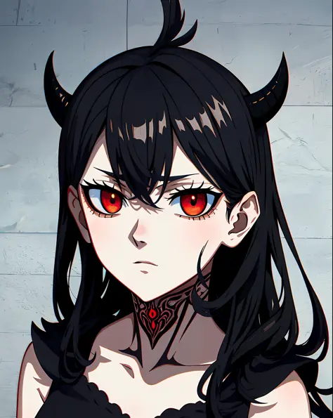 nero black clover, looking_at_viewer, neutarl face, studio lighting, highlights, detailed eyes, girl, red eyes, small black demo...