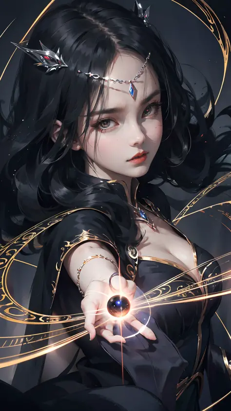 Classic background, dark magic of the Queen of Darkness, drawing a big magic circle in the air, summoning of Andet, storm, beautiful and big eyes, shining eyes, black hair, long wavy hair, princess, torn elegant long dress, active, dynamic, wlop,