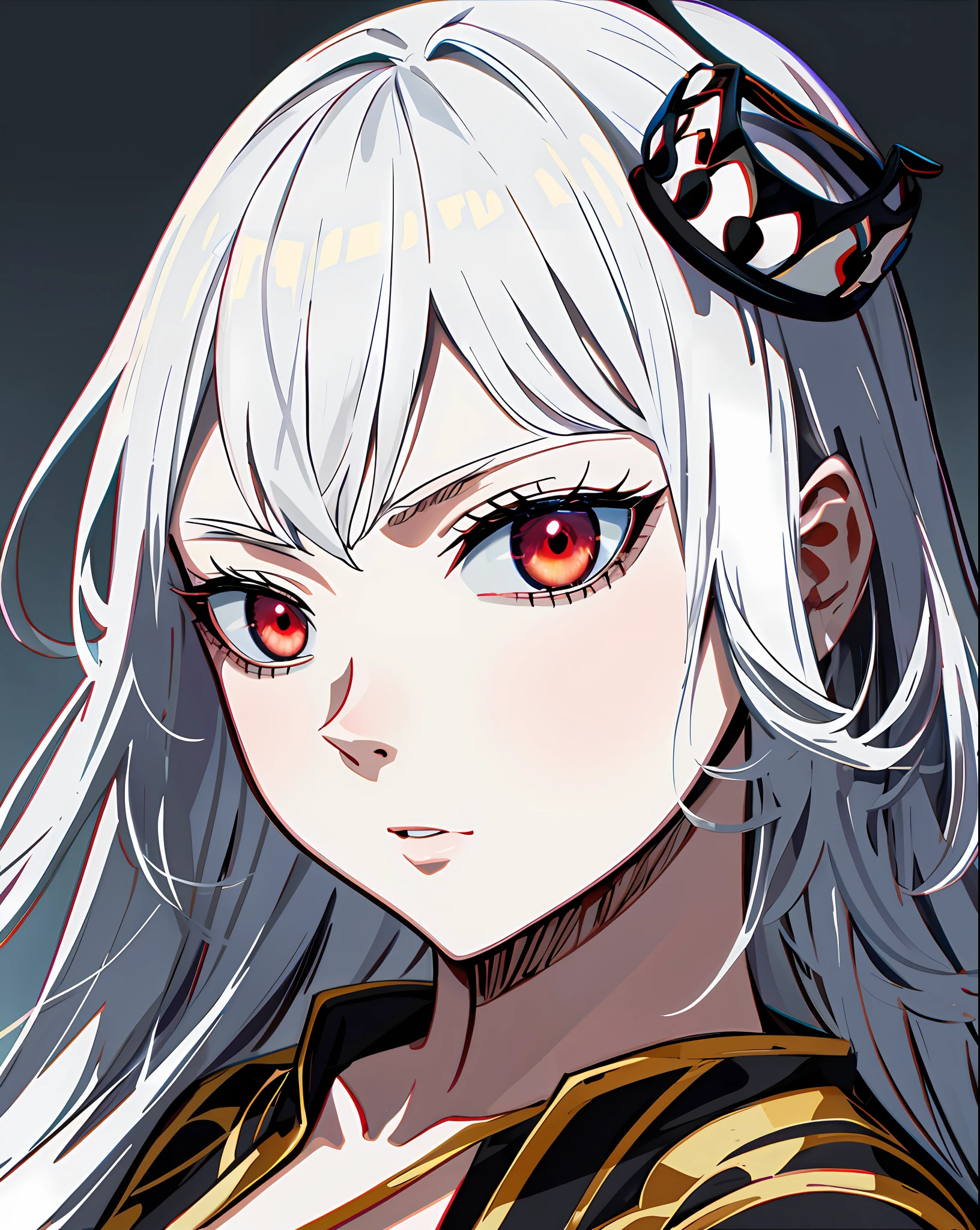 Vanica /black clover/, looking_at_viewer, neutral face, studio lighting, highlights, detailed eyes, girl, red eyes, wearing a crown, black clover style