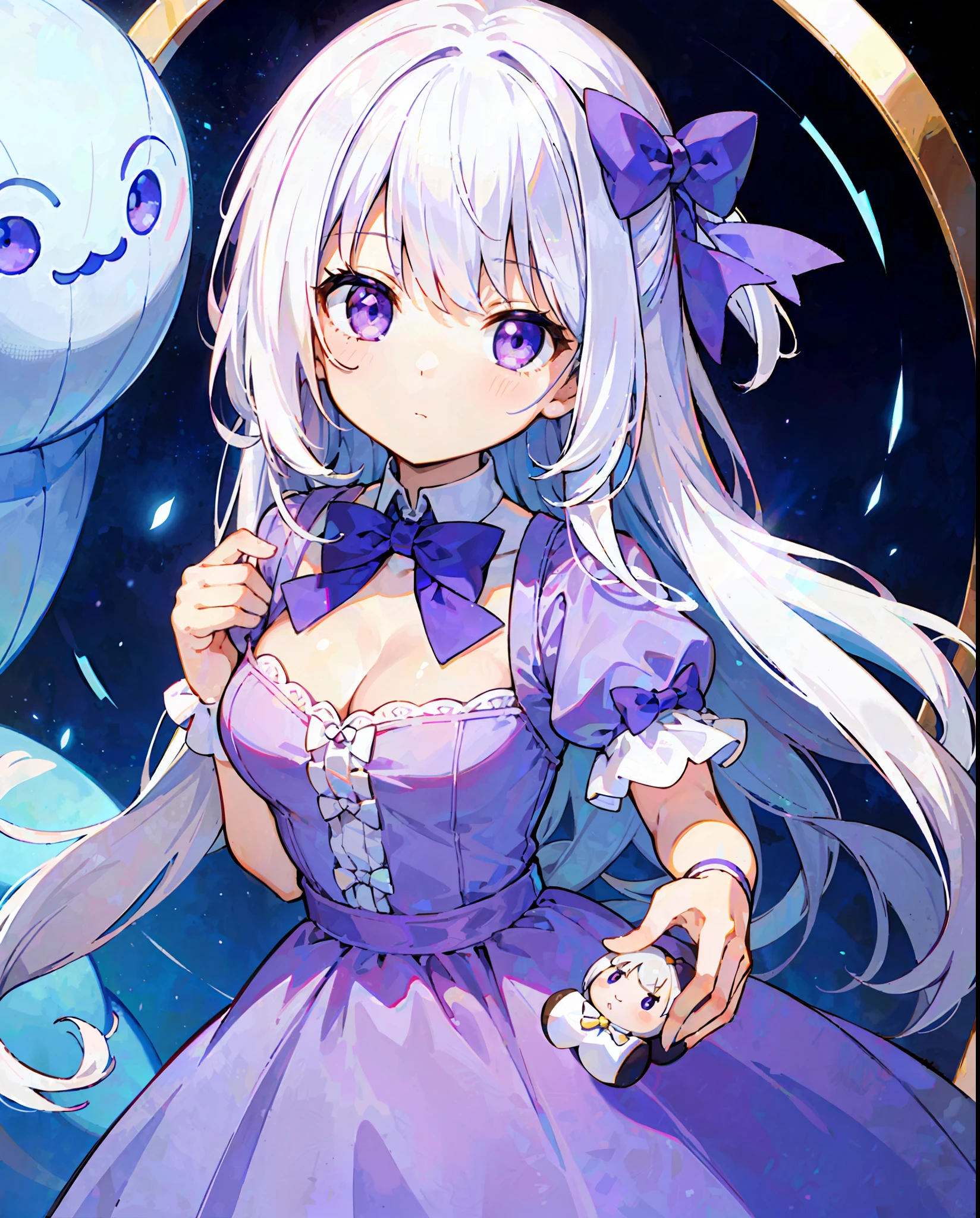 ((solo_1.2)),cute little (1girl_1.3 ,loli ,child),white hair ,long hair .upperbody ,purple eyes ,dress ,(medium breasts ,cleavage ,bow tie ,holding doll ,hands