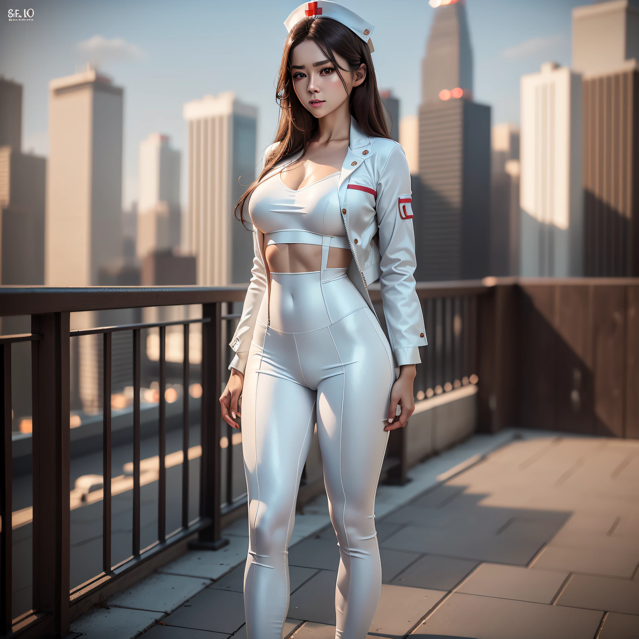 ((Realistic lighting, Best quality, 8K, Masterpiece: 1.3)), Clear focus: 1.2, 1 female nurse, Perfect body beauty: 1.4, Slim abs: 1.1, ((dark brown hair)), (White nurse suit: 1.4) (Outdoor), City view, Super fine face, Fine eyes, Double eyelids, Full body shot