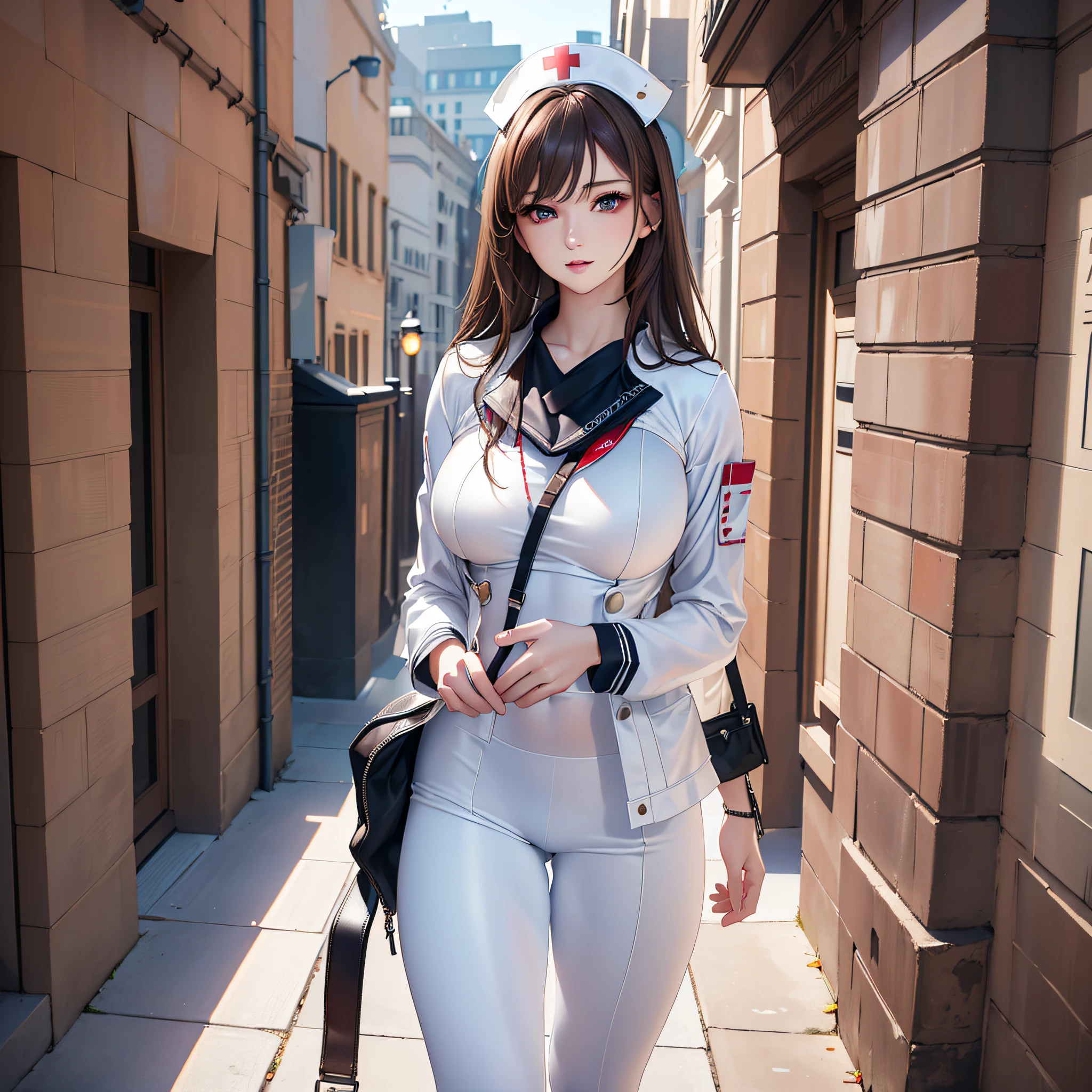 ((Realistic lighting, Best quality, 8K, Masterpiece: 1.3)), Clear focus: 1.2, 1 female nurse, Perfect body beauty: 1.4, Slim abs: 1.1, ((dark brown hair)), (White nurse suit: 1.4) (Outdoor), City view, Super fine face, Fine eyes, Double eyelids, Full body shot