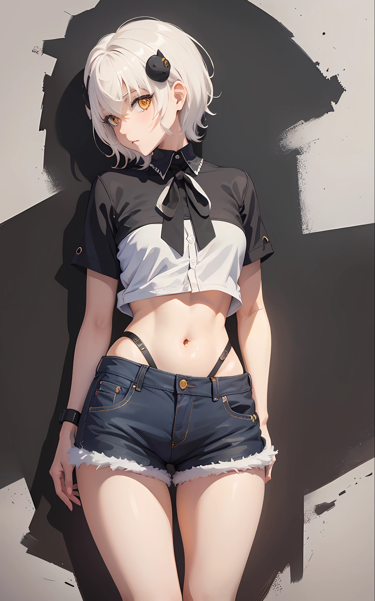 Masterpiece, Short Shorts, Masterpiece, Best Quality, Highres, Dark Persona, Watercolor Painting Theme, (Looking at the Viewer: 1.1), Wide Hips, Big Ass, Standing, Bending Over, Tojou Koneko, Yellow Eyes, White Hair, Short Hair, Hair Ornament, White Shirt, Black Neck Ribbon, Belly Tattoo