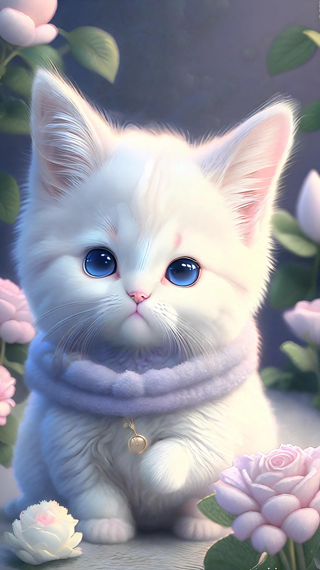 In this ultra-detailed CG art, cute kittens surrounded by ethereal roses, laughter, best quality, high resolution, intricate details, fantasy, cute animals, purple, funny, open mouth!! Laugh!!!