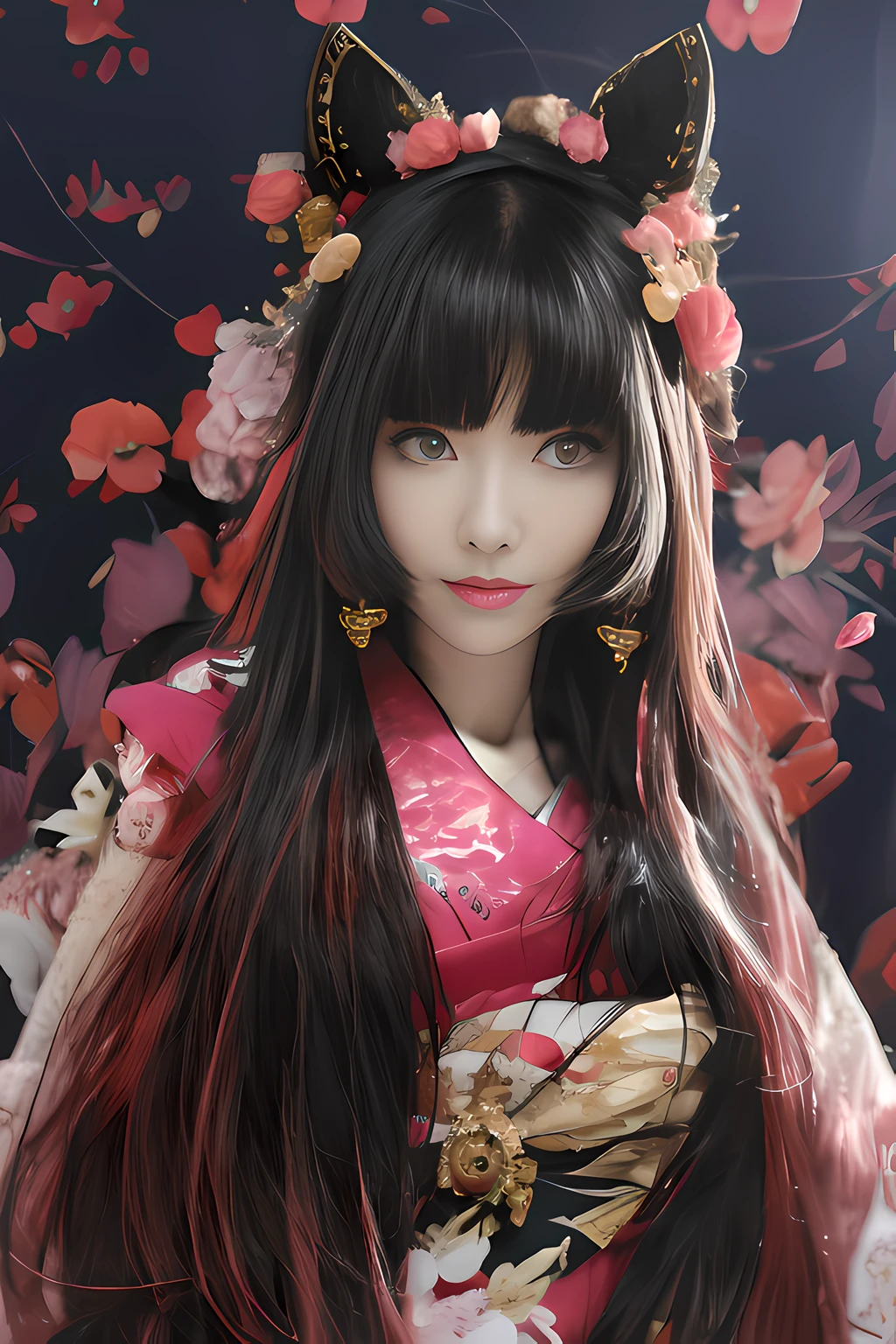 Hay una mujer con cabello largo con un vestido rosa y orejas de gato, obra de arte al estilo de guweiz, Diosa japonesa, japonismo 3 d 8 k ultra detailed, chica anime en la vida real, anime fotorrealista girl render, chica anime cosplay, anime fotorrealista, guweiz, estilo anime mezclado con fujifilm, anime hiperrealista, anime 3d realista