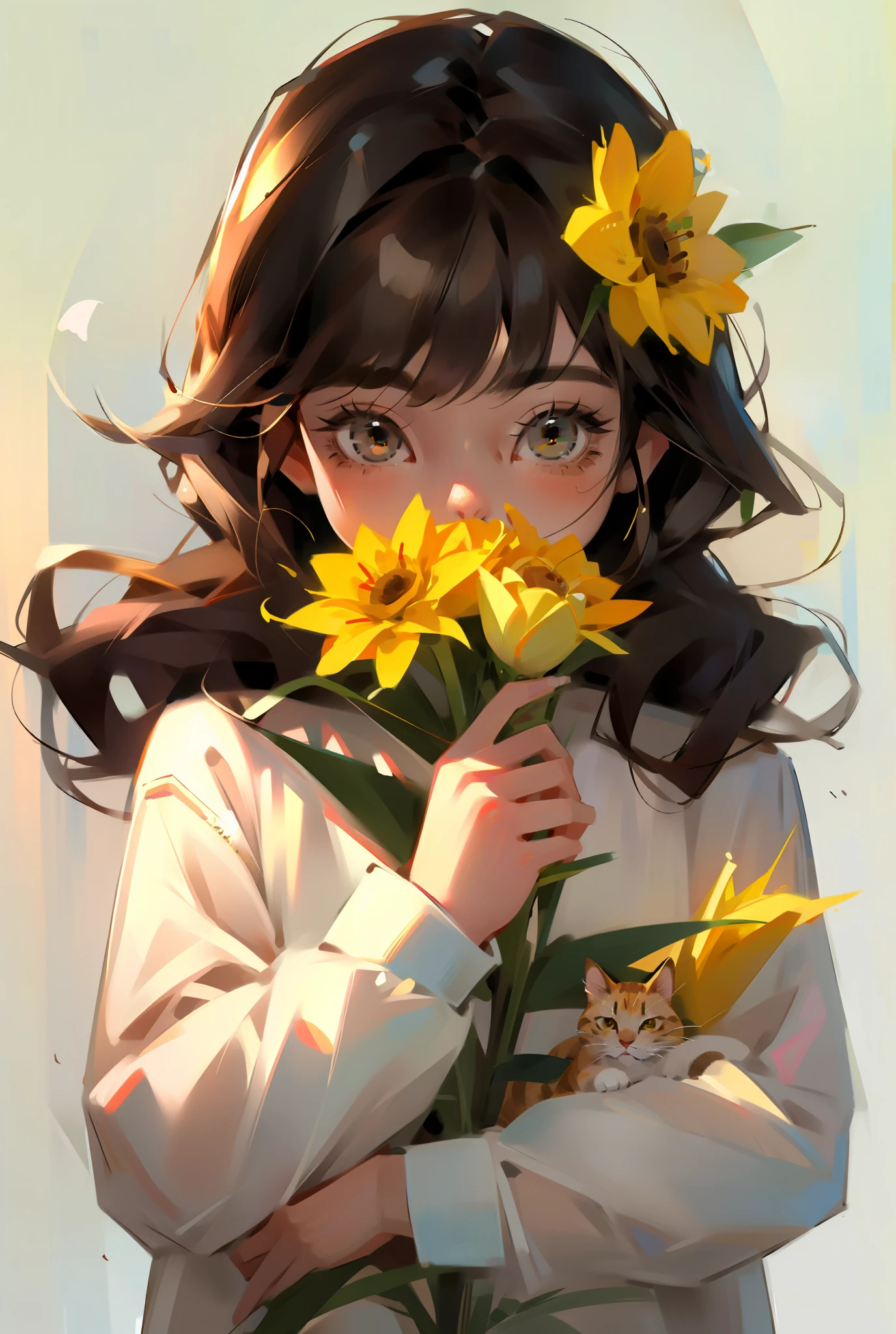 1girl, flower, white background, solo, blush, yellow flower, long hair, cat, holding, simple background, looking at viewer, bangs, upper body, long sleeves, brown hair, brown eyes, holding flower, covered mouth, shirt, black hair, animal, holding animal