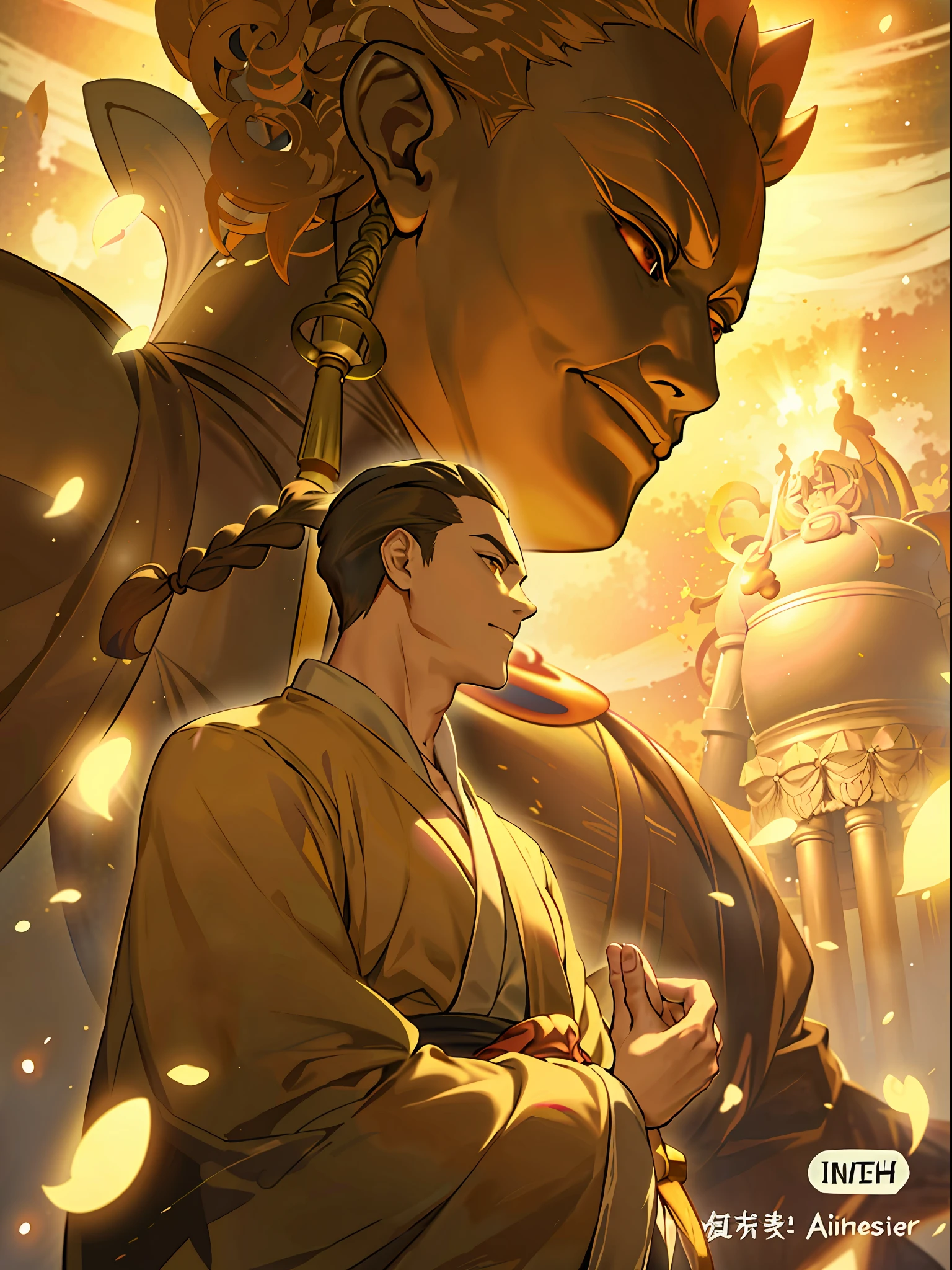 anime image of a man and woman standing in front of a statue, artgerm and atey ghailan, ross tran and bayard wu, artwork in the style of guweiz, jc leyendecker and sachin teng, kawacy, rob rey and kentaro miura style, alphonse mucha and rossdraws, handsome guy in demon slayer art