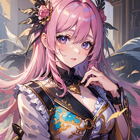 ((Masterpiece)), ((Best Quality)), ((Best Quality)), (Illustration of one girl), Long pink hair, feather-shaped hair ornament, (Tall), Light gray eyes, Idol