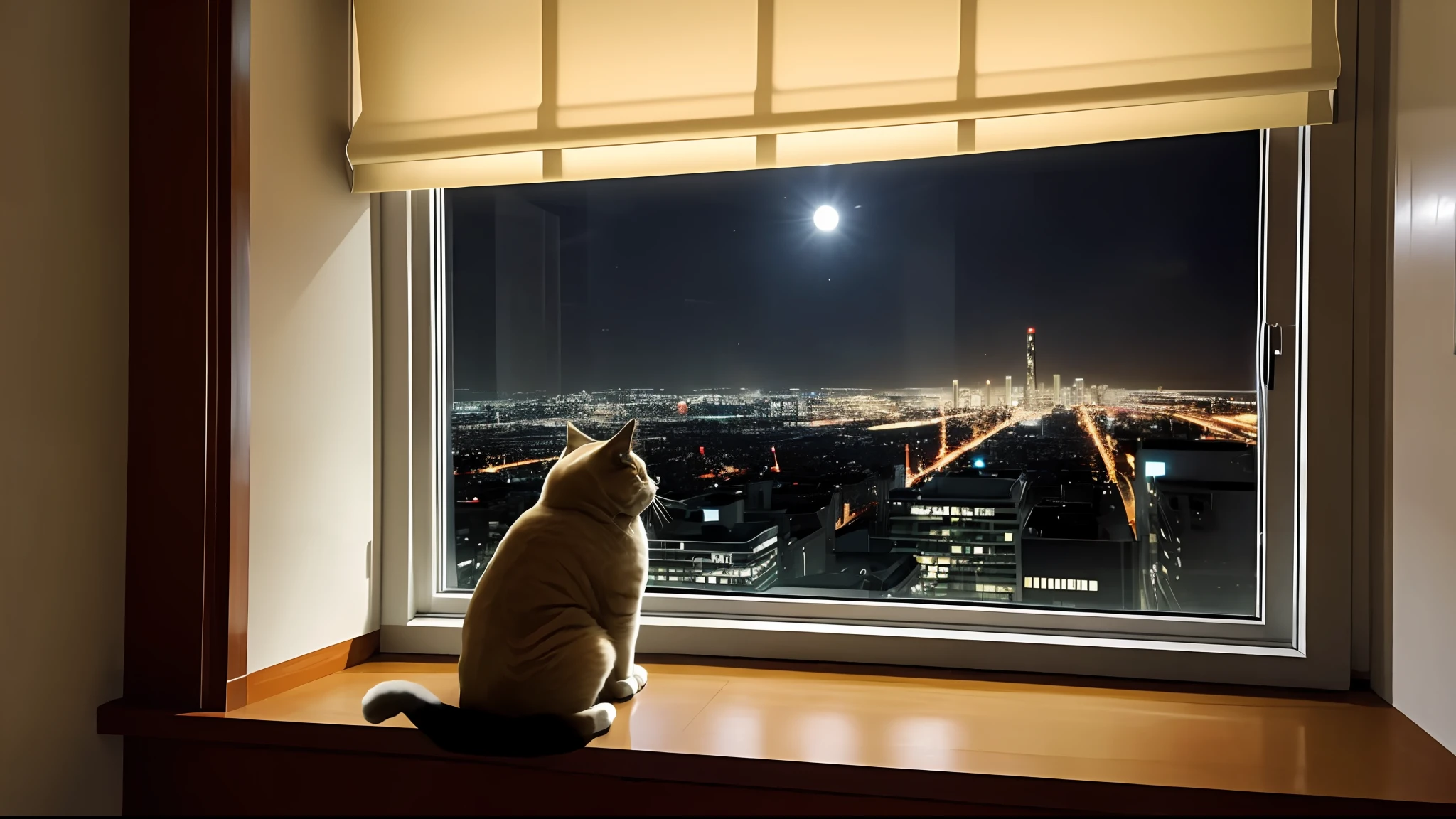 A slightly chubby cute fluffy light orange cat, sitting on the windowsill, sad mood, the room is very luxurious, the room is very dim, the cat looks at the night view outside the large glass window, night shot, outside the window is the city building, it is very dark, cool time. Good view, Leica 8K stills from A24 film, looking out, movie shooting, looking at the city, movie view!!