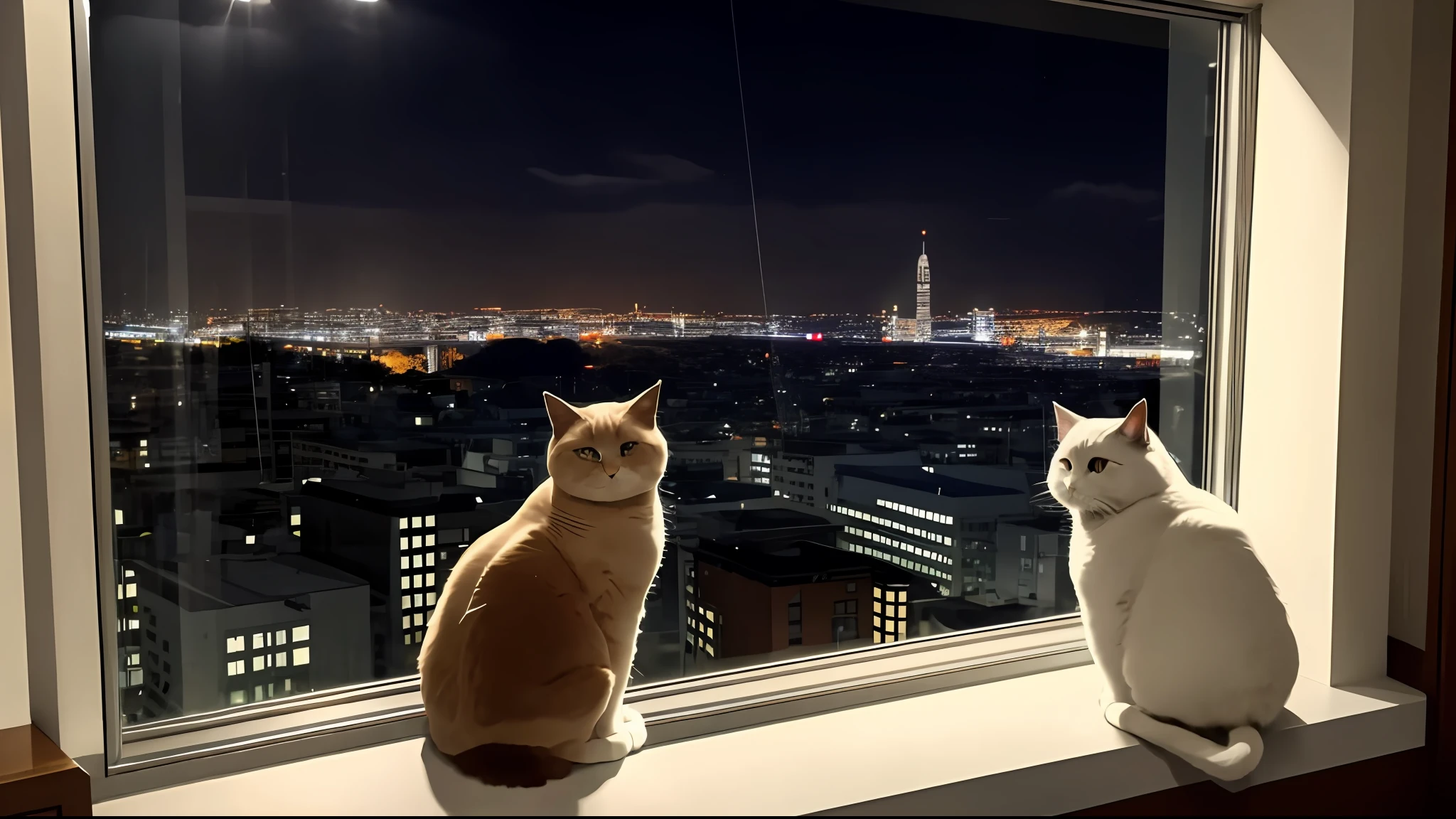 A slightly chubby cute fluffy light orange cat, sitting on the windowsill, sad mood, the room is very luxurious, the room is very dim, the cat looks at the night view outside the large glass window, night shot, outside the window is the city building, it is very dark, cool time. Good view, Leica 8K stills from A24 film, looking out, movie shooting, looking at the city, movie view!!