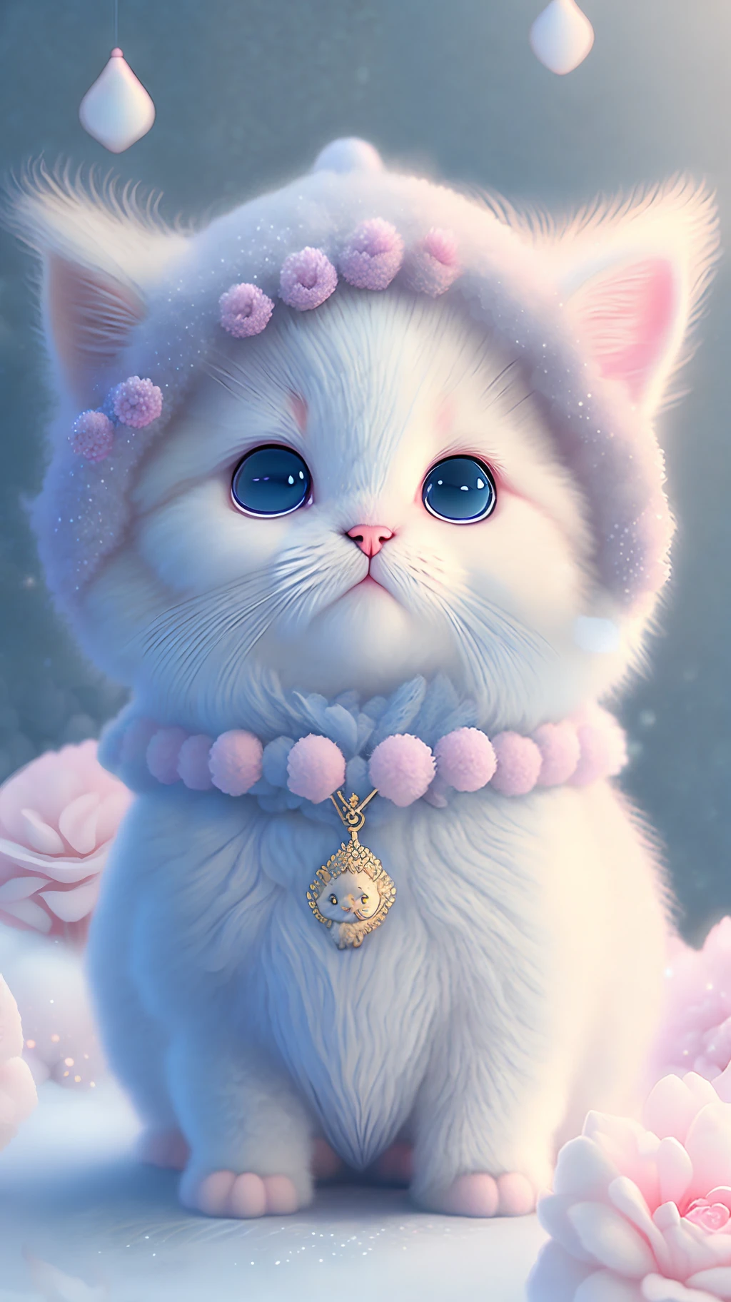 In this ultra-detailed CG art, cute kittens surrounded by ethereal roses, laughter, best quality, high resolution, intricate details, fantasy, cute animals, purple, funny, open mouth!! Laugh!!!