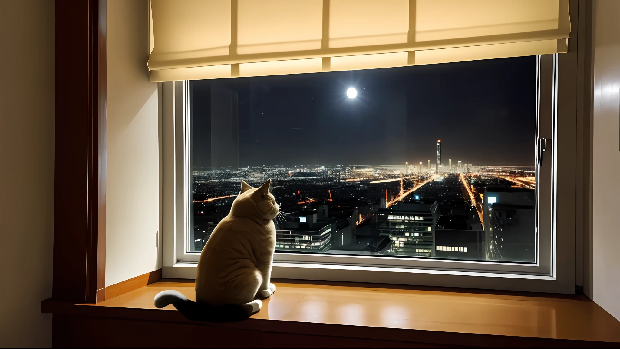 A slightly chubby cute fluffy light orange cat, sitting on the windowsill, sad mood, the room is very luxurious, the room is very dim, the cat looks at the night view outside the large glass window, night shot, outside the window is the city building, it is very dark, cool time. Good view, Leica 8K stills from A24 film, looking out, movie shooting, looking at the city, movie view!!