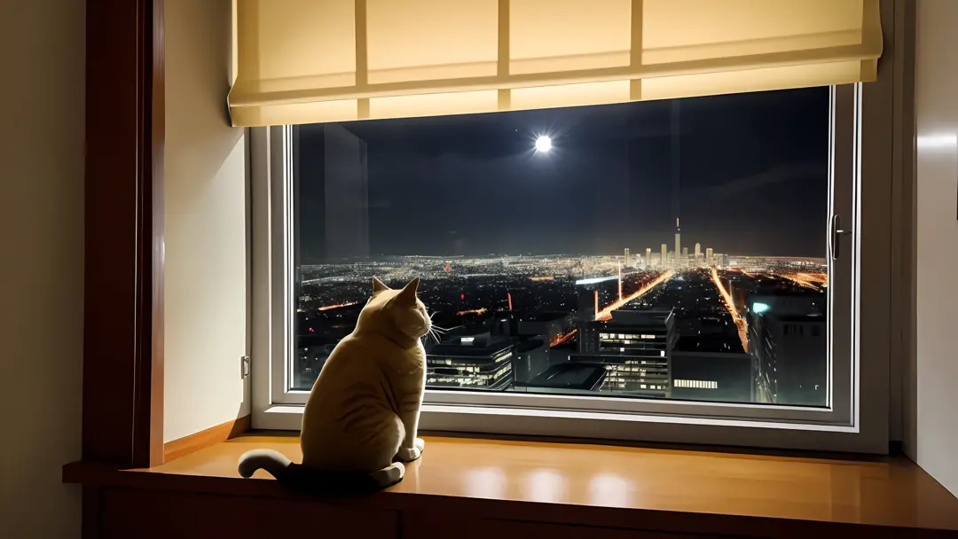 A slightly chubby cute fluffy light orange cat, sitting on the windowsill, sad mood, the room is very luxurious, the room is ver...