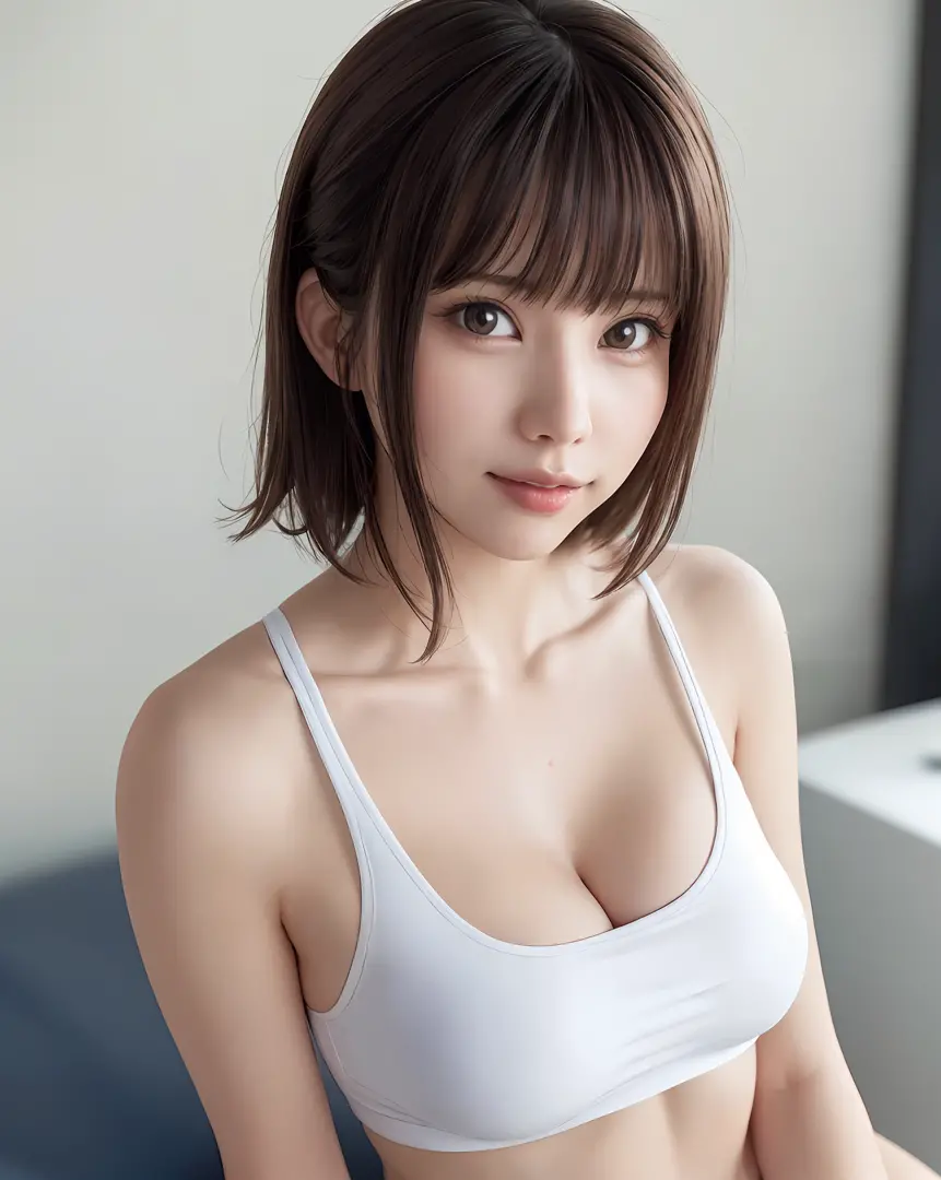 Top Quality, Photorealistic, 8k, High Resolution, Girl, Woman, (Skin Dent), (Portrait: 0.6), Gorgeous, (((White background, Sports Tank Top, Small Breasts: 1.8)), ((Short straight hair, parted bangs: 1.8)), Looking Viewer, (One Girl's Eyes Looking at Viewe...