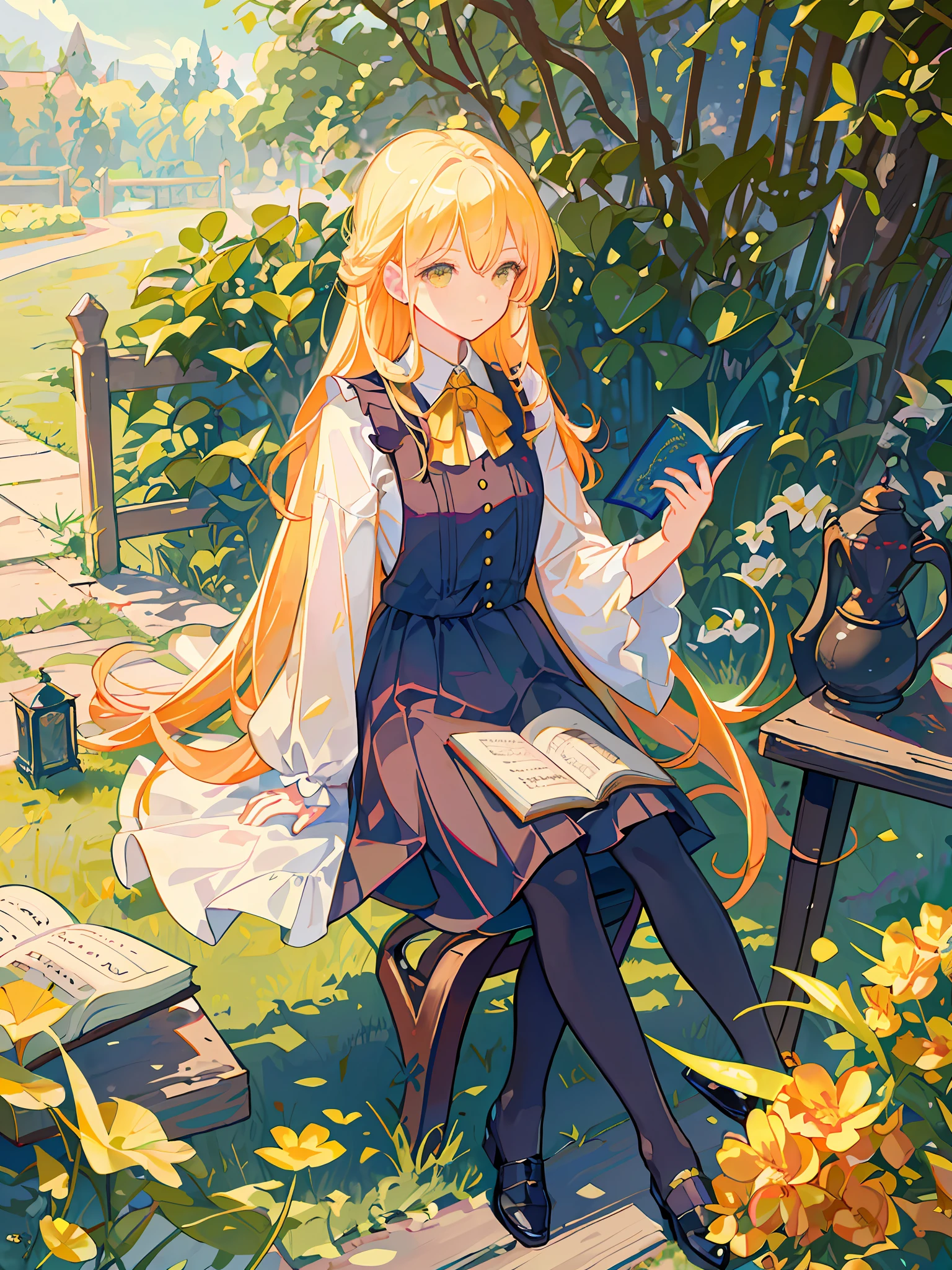 HD4k,masterpiece,best quality), arafed woman sitting in a chair reading a book in a garden,detailed cream dress,lolita dress, reading under a tree, reading the book about love, sitting under a tree(stromboli color and yellow tree),put on red shoes, summer morning light, summer afternoon, reading a book, lofi girl aesthetic, cottagecore, magazine photo, reading new book, village girl reading a book,warm effect,blond hair,resplendent face,twilit,sitting cross logged,hand on chin,looking down the red book,yellow and orange background