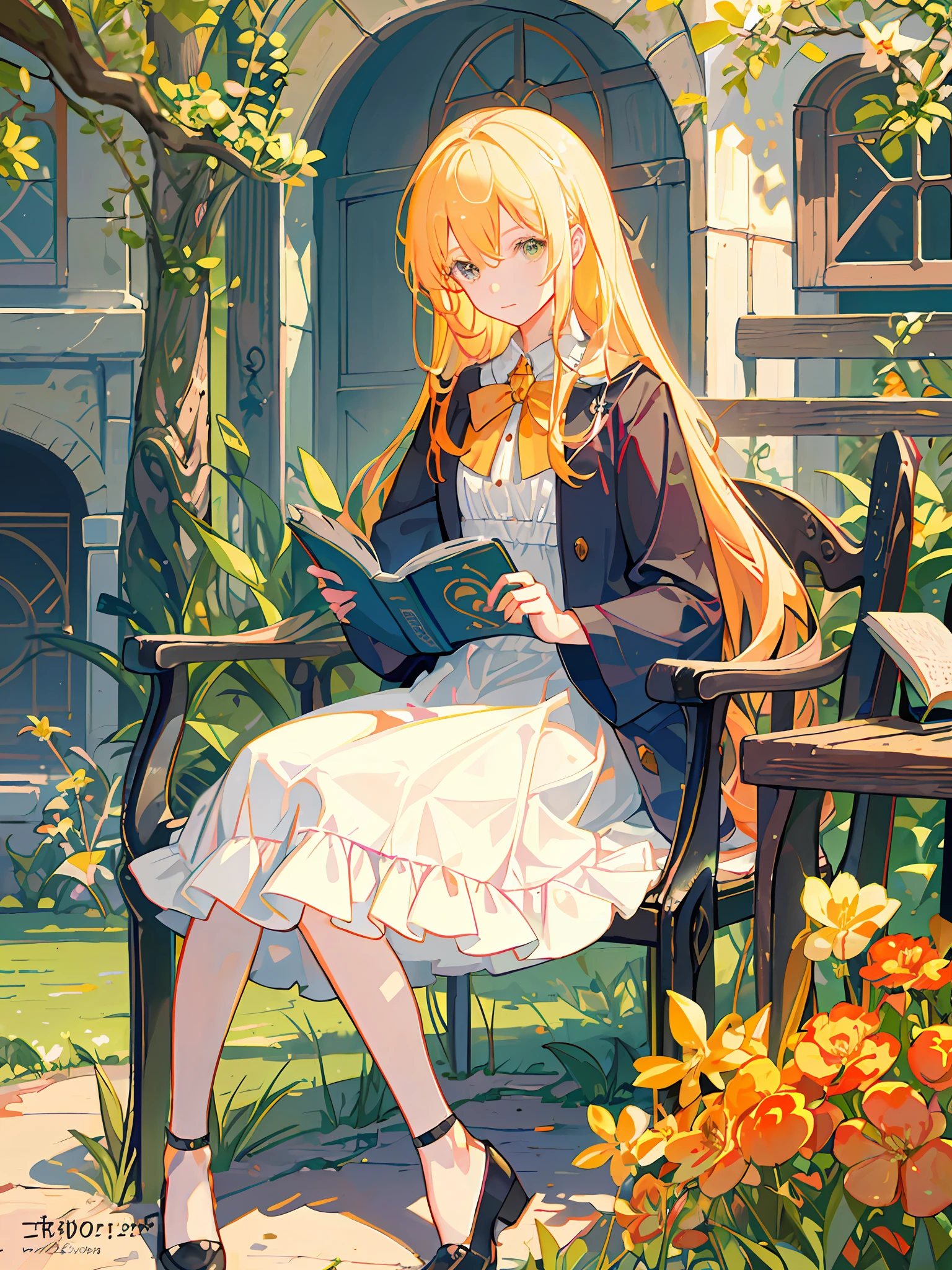 HD4k,masterpiece,best quality), arafed woman sitting in a chair reading a book in a garden,detailed cream dress,lolita dress, reading under a tree, reading the book about love, sitting under a tree(stromboli color and yellow tree),put on red shoes, summer morning light, summer afternoon, reading a book, lofi girl aesthetic, cottagecore, magazine photo, reading new book, village girl reading a book,warm effect,blond hair,resplendent face,twilit,sitting cross logged,hand on chin,looking down the red book,yellow and orange background