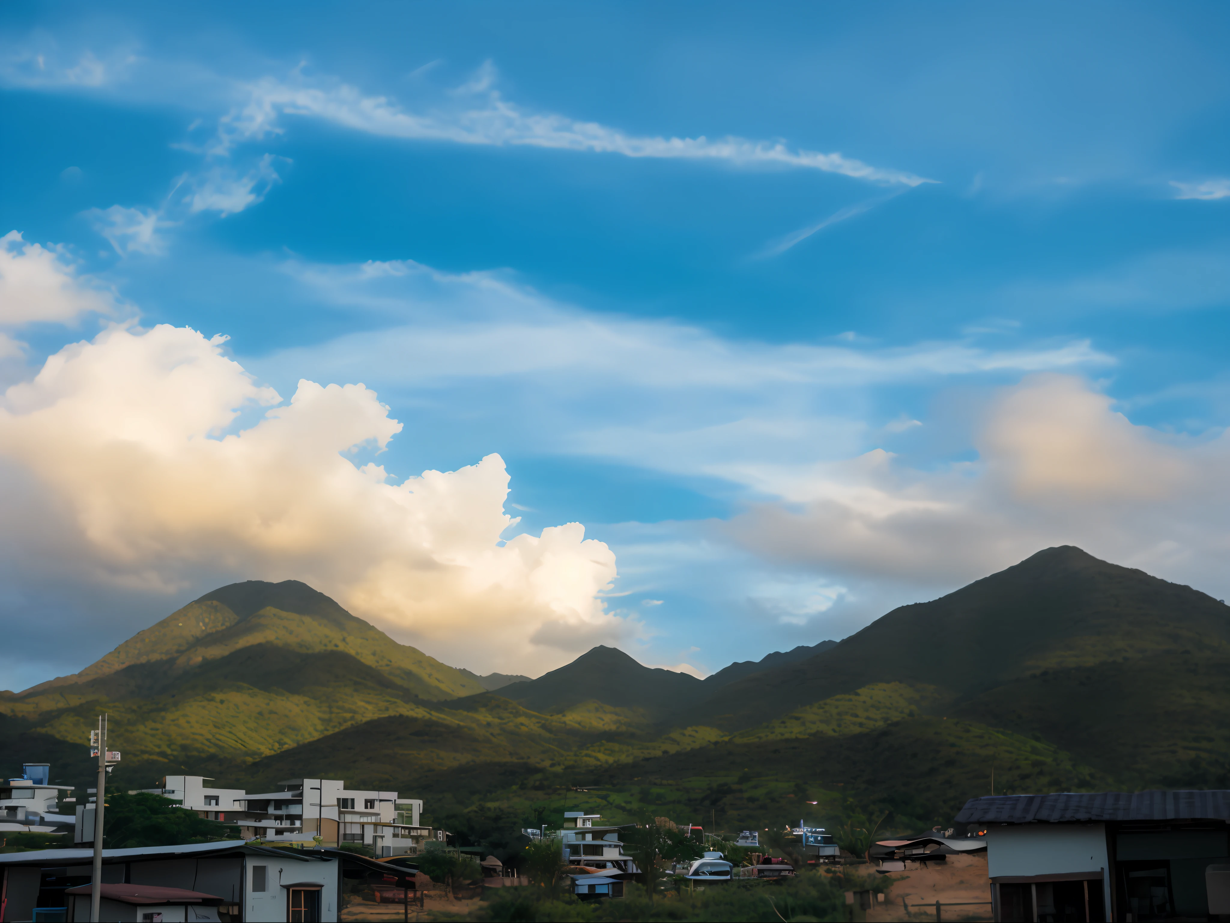 Mountains in the distance with a few houses and a few cars - SeaArt AI