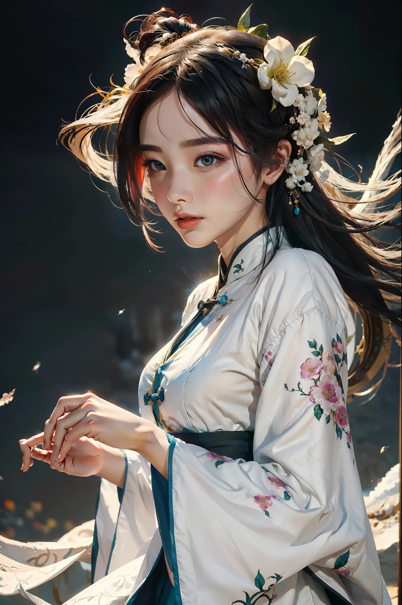 zhongfenghua, 1 chica, (cuerpo completo) solo, hanfu, campo de flores, florecer, (humo blanco:1.3) (Fotorrealista:1.4), zEnredar, mandala, Enredar, arte oficial, fondo de pantalla de unidad 8k, ultra detallado, hermoso y estetico, obra maestra,mejor calidad, (ángulo dinámico:1.4), piel brillante, (destellos de colores flotantes:1) La forma más bella de caos., elegant, un brutalista diseñado, colores vivos, Romanticismo Profundidad de campo,