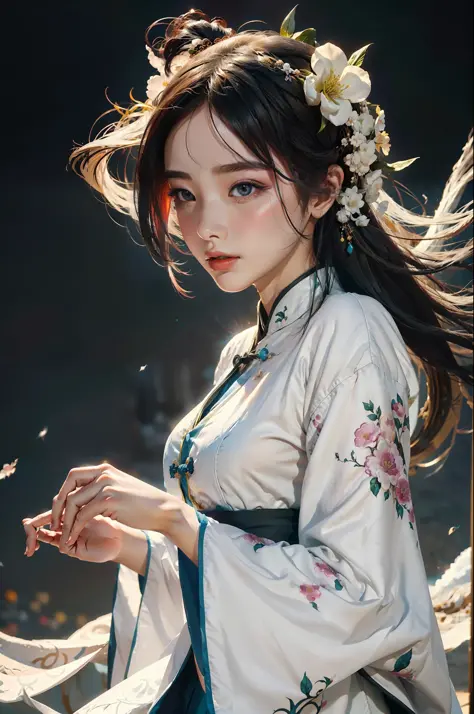 zhongfenghua, 1girl, (full body) solo, hanfu, flower field, blossom, (white smokes:1.3) (photorealistic:1.4), zentangle, mandala...