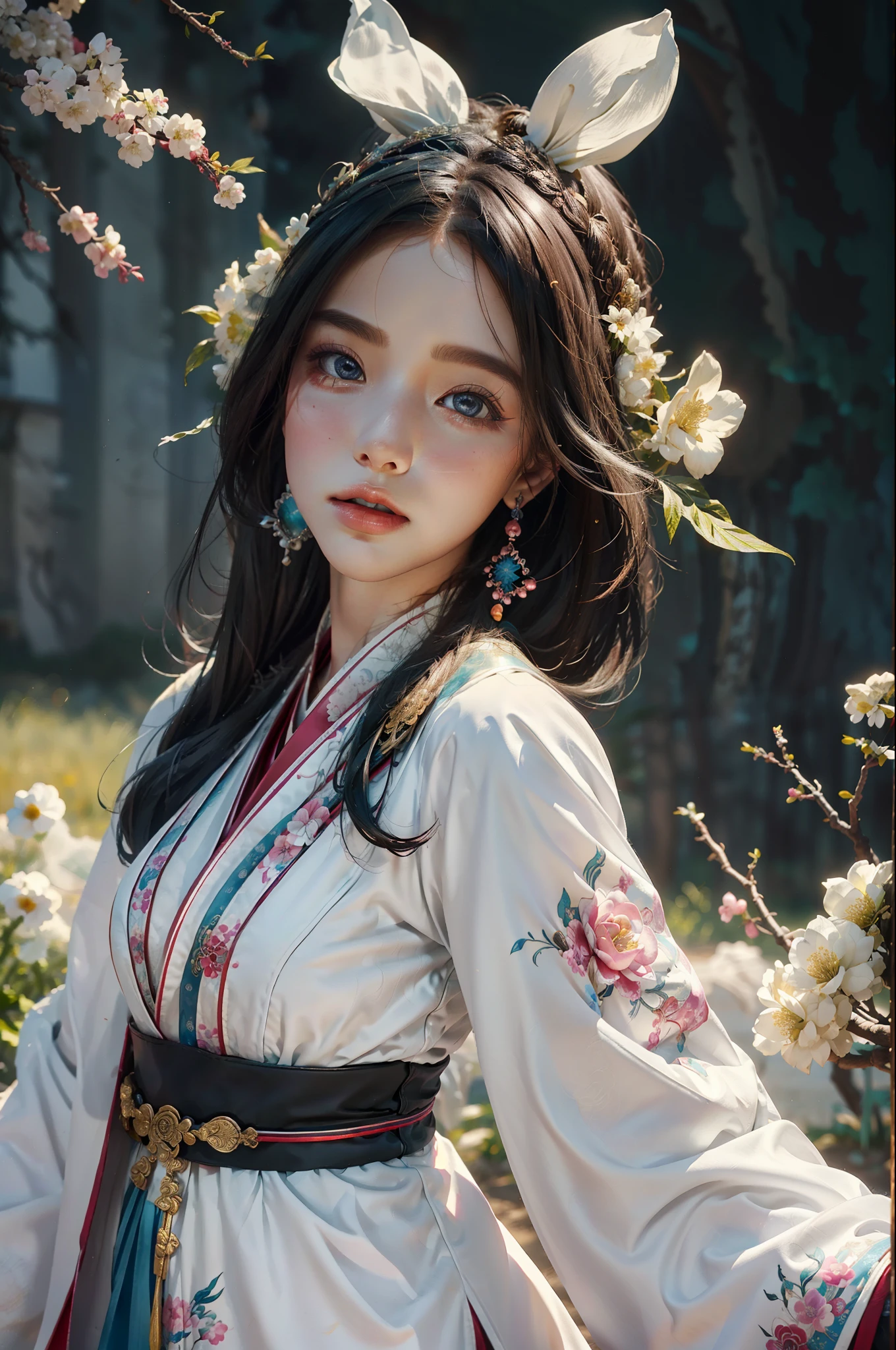 zhongfenghua, 1 chica, (cuerpo completo) solo, hanfu, campo de flores, florecer, (humo blanco:1.3) (Fotorrealista:1.4), zEnredar, mandala, Enredar, arte oficial, fondo de pantalla de unidad 8k, ultra detallado, hermoso y estetico, obra maestra,mejor calidad, (ángulo dinámico:1.4), piel brillante, (destellos de colores flotantes:1) La forma más bella de caos., elegant, un brutalista diseñado, colores vivos, Romanticismo Profundidad de campo,