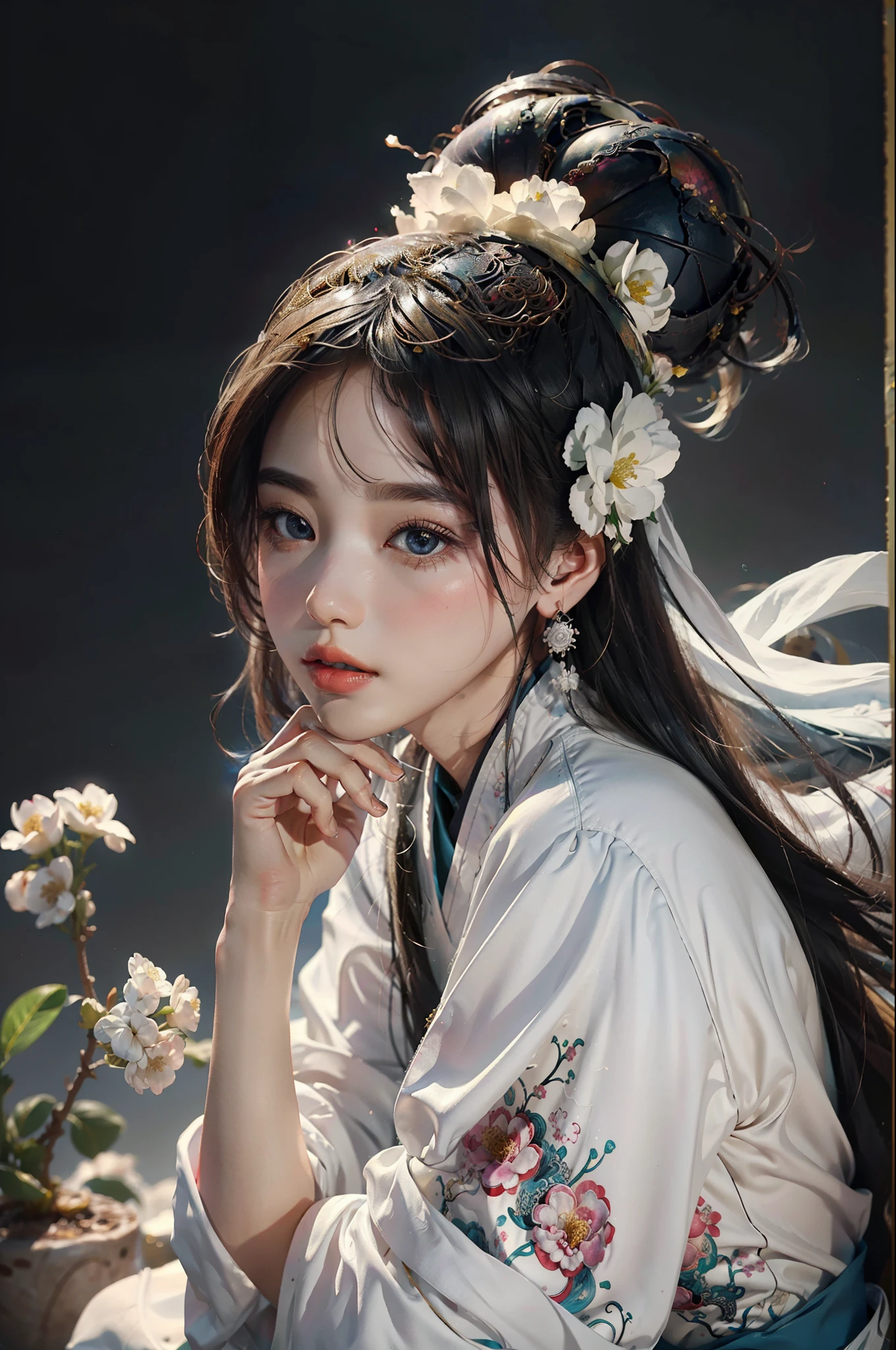 zhongfenghua, 1 chica, (cuerpo completo) solo, hanfu, campo de flores, florecer, (humo blanco:1.3) (Fotorrealista:1.4), zenredar, mandala, enredar, Arte oficial, fondo de pantalla de unidad 8k, Ultra detallado, hermoso y estetico, Obra maestra,mejor calidad, (ángulo dinámico:1.4), piel brillante, (destellos de colores flotantes:1) la forma más bella de caos, elegant, un brutalista diseñado, colores vivos, romanticismo profundidad de campo,