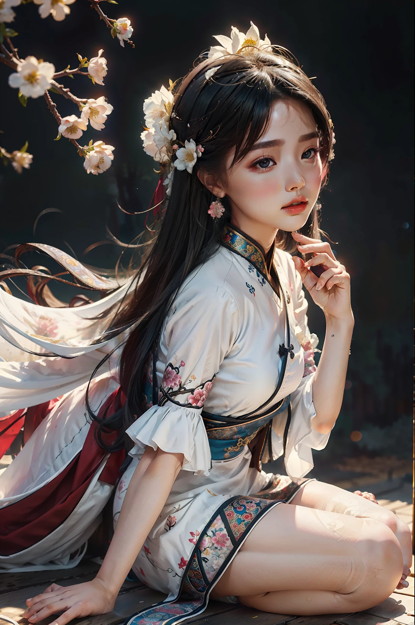 zhongfenghua, 1fille, (tout le corps) seulement, hanfu, Champ de fleurs, Fleurir, (fume blanche:1.3) (Photoréaliste:1.4), zemmêler, mandalas, emmêler, art officiel, unité 8k fond d&#39;écran, ultra détaillé, beau et esthétique, chef-d&#39;œuvre,Meilleure qualité, (Angle dynamique:1.4), peau brillante, (étincelles colorées flottantes:1) la plus belle forme de chaos, élégant, un brutaliste conçu, couleurs vives, profondeur de champ du romantisme,