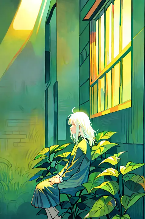 1 girl, white hair, solo, sitting, plant, leaf, flower, gentle, vista