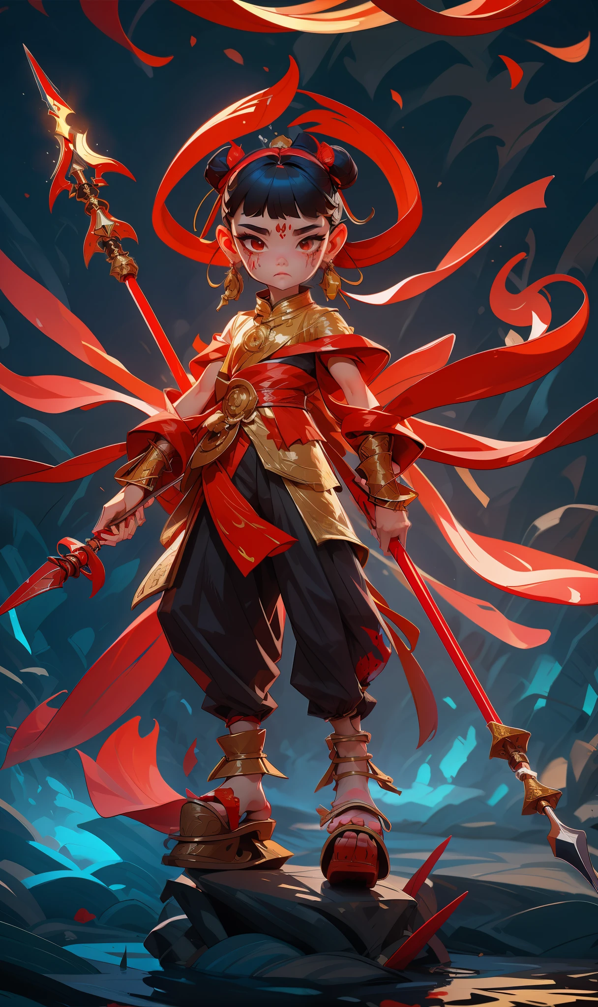 A little girl with blood on her face, a spear in her hand, a fire wheel on her feet, and a red silk on her body, a Chinese mythology