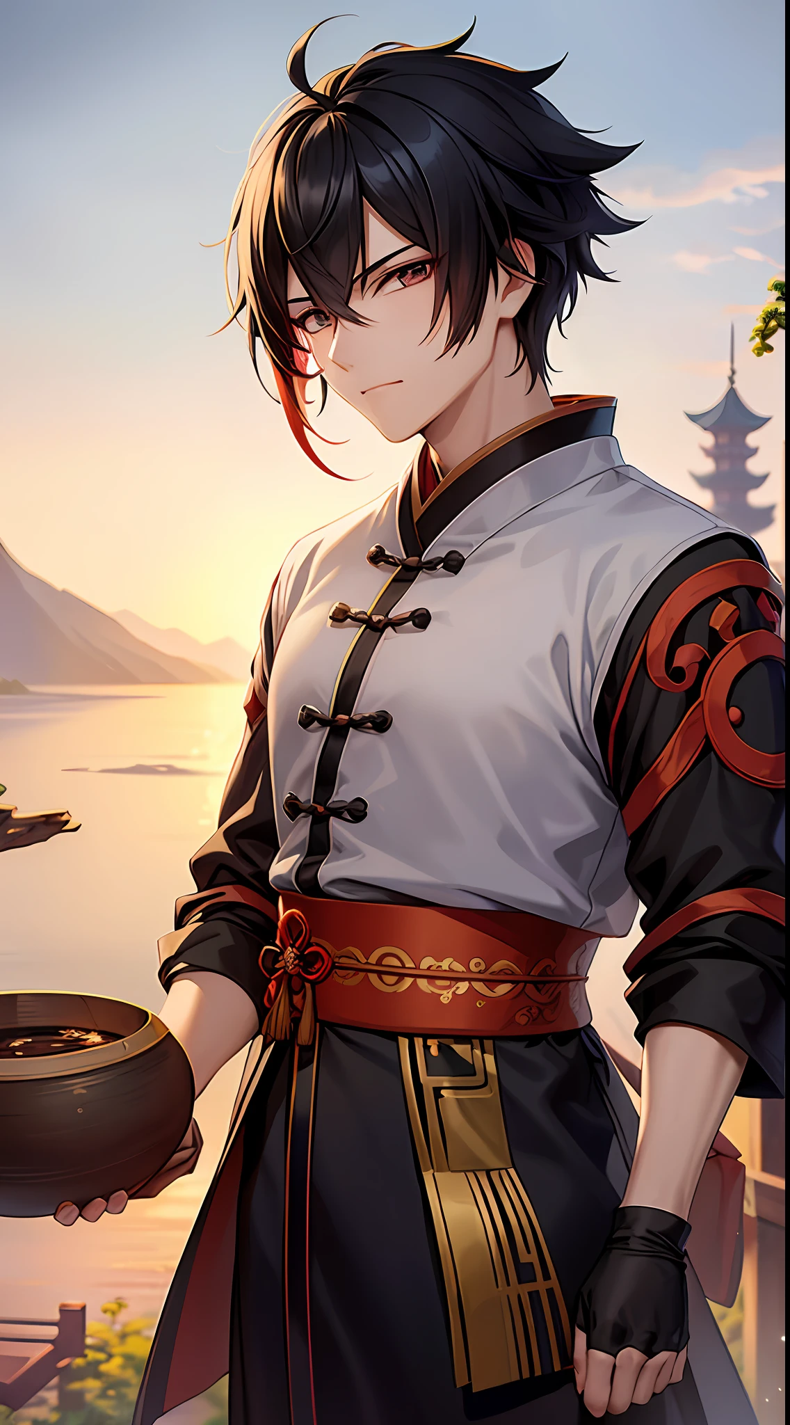 "Anime style male protagonist, attired in traditional Chinese Hanfu, bright and lively eyes:1.5, jet black, wind-swept hair:1.3, perched on an age-old pine tree with a Chinese ancient city panorama in the backdrop, vivid colored sunrise radiating against the scene, embodying Chinese elements like ink painting-like textures:1.2, in the style of modern Chinese animation studios like B.CMAY PICTURES, dwarfed by majestic mountains in the distant horizon".