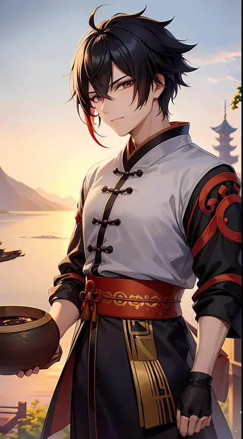 "Anime style male protagonist, attired in traditional Chinese Hanfu, bright and lively eyes:1.5, jet black, wind-swept hair:1.3,...