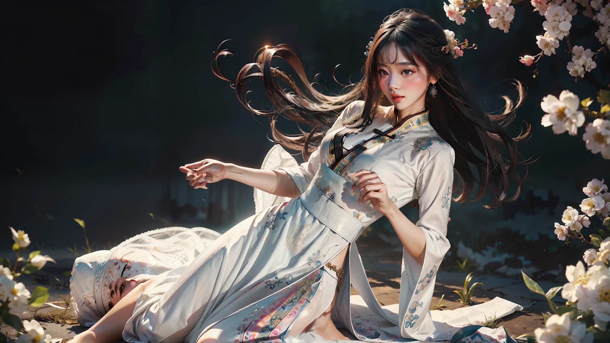 zhongfenghua, 1girl, (full body) solo, hanfu, flower field, blossom, (white smokes:1.3) (photorealistic:1.4), zentangle, mandala, entangle, official art, unity 8k wallpaper, ultra detailed, beautiful and aesthetic, masterpiece,best quality, (dynamic angle:1.4), glowing skin, (floating colorful sparkles:1) the most beautiful form of chaos, elegant, a brutalist designed, vivid colours, romanticism depth of field,