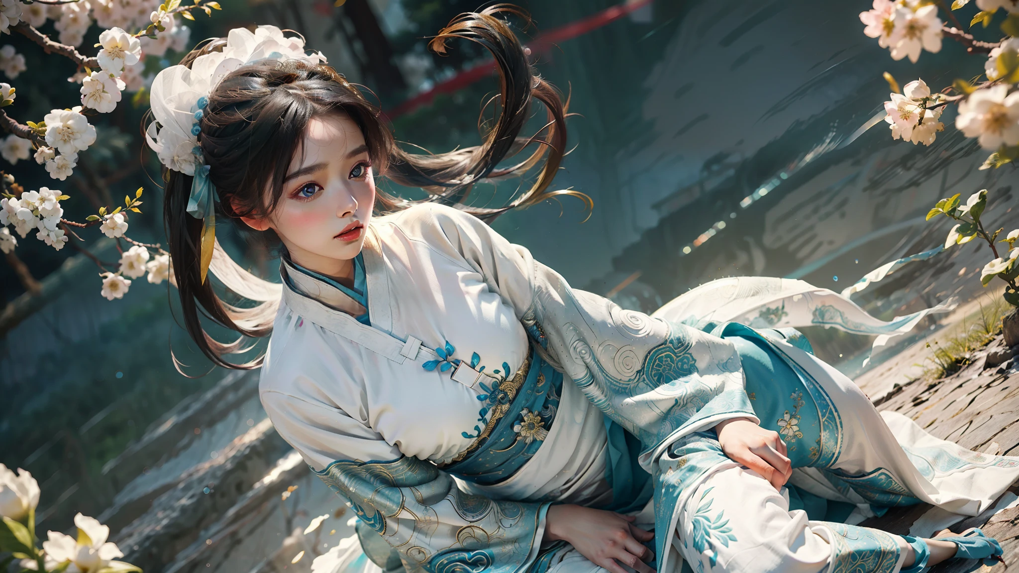 zhongfenghua, 1girl, (full body) solo, hanfu, flower field, blossom, (white smokes:1.3) (photorealistic:1.4), zentangle, mandala, entangle, official art, unity 8k wallpaper, ultra detailed, beautiful and aesthetic, masterpiece,best quality, (dynamic angle:1.4), glowing skin, (floating colorful sparkles:1) the most beautiful form of chaos, elegant, a brutalist designed, vivid colours, romanticism depth of field,