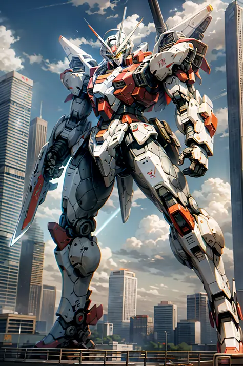 sky, cloud, holding_weapon, no_humans, glowing, robot, building, glowing_eyes, mecha, science_fiction, city, real, mecha, masami...