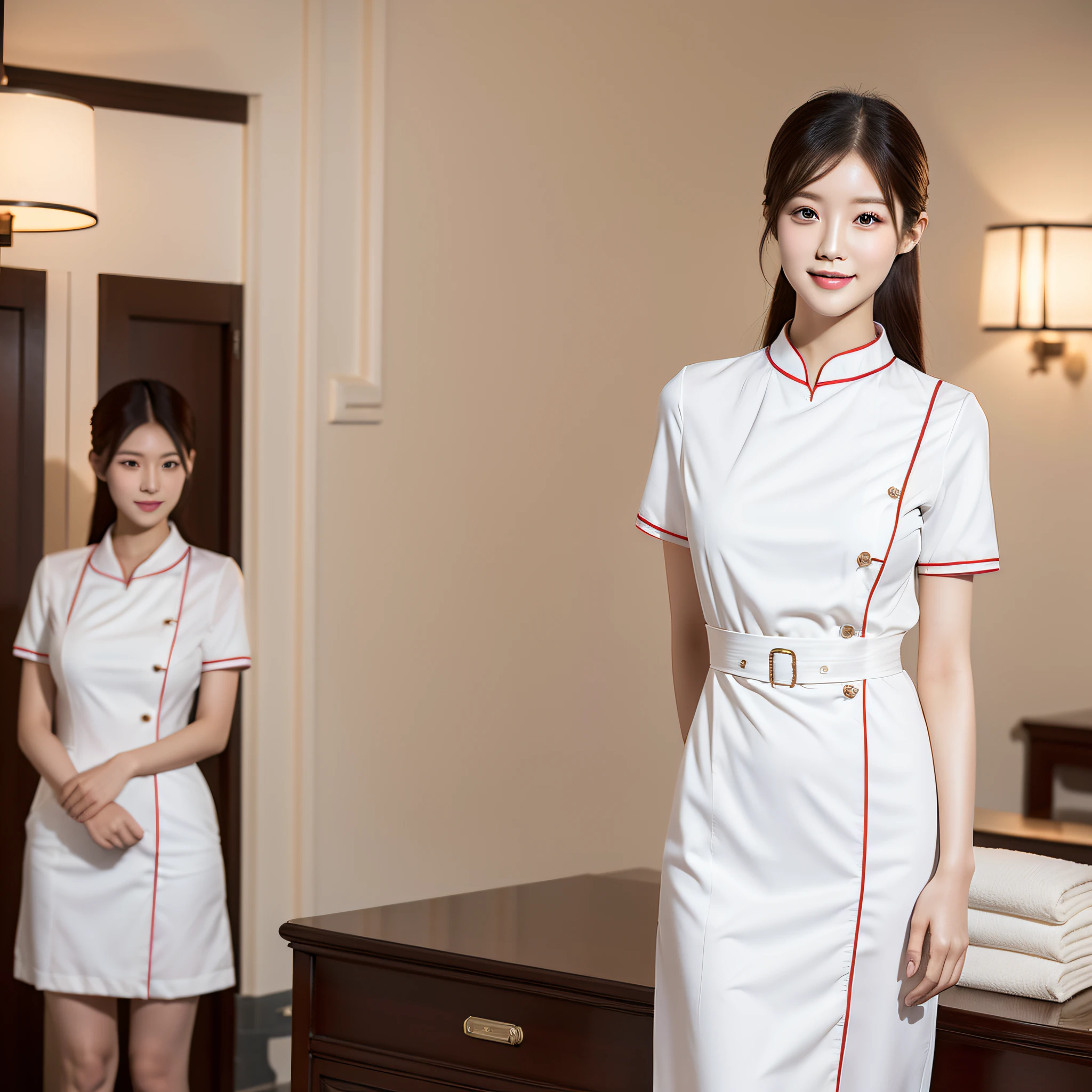 (Full body photo), long legs, thin waist, a 20 year old Chinese nurse, best quality, realistic, (exquisite details), clear lines, high resolution, extremely detailed, (single focus), detailed facial features, (nurse uniform) detailed clothing features, (fashion hairstyle: 1.3) looking at the audience, interior, smile, double eyelids,